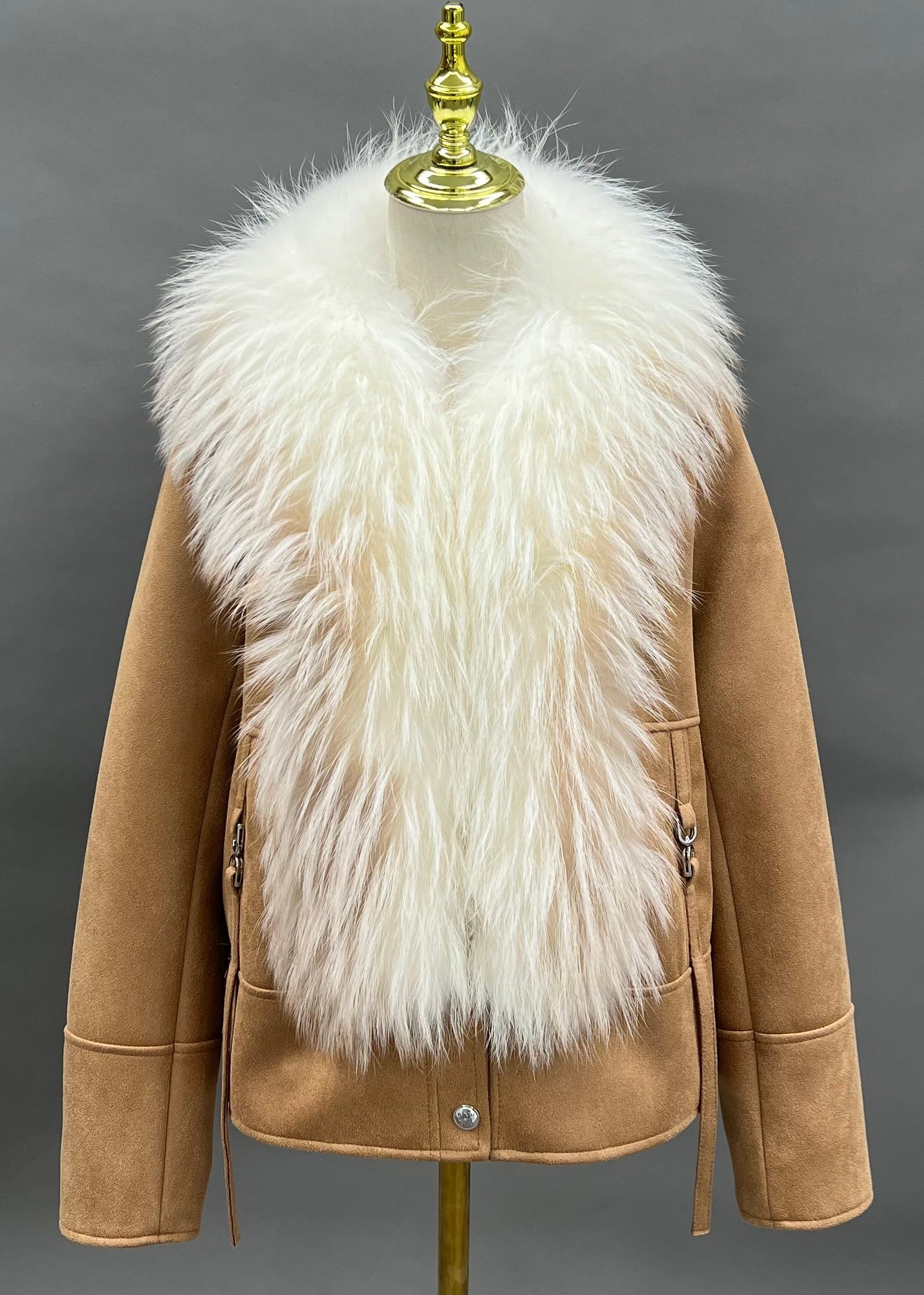 Janefur Women's Real Raccoon Fur Placket Down Jacket Wholesale Bulk Supply #5 Camel