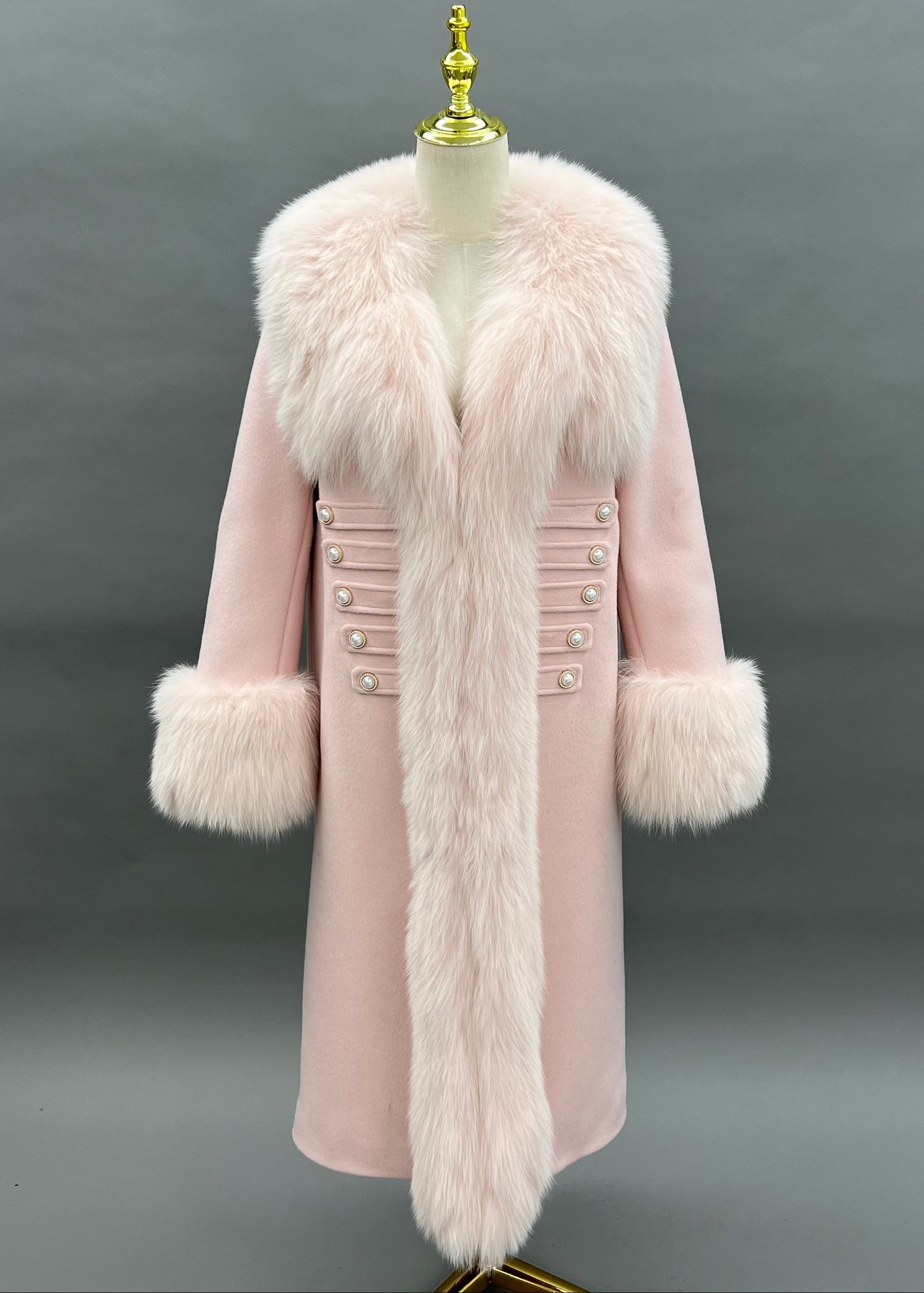 Janefur Wholesale Women's Fur Placket Long Cashmere Wool Down-Filled Coat #2 Light Pink