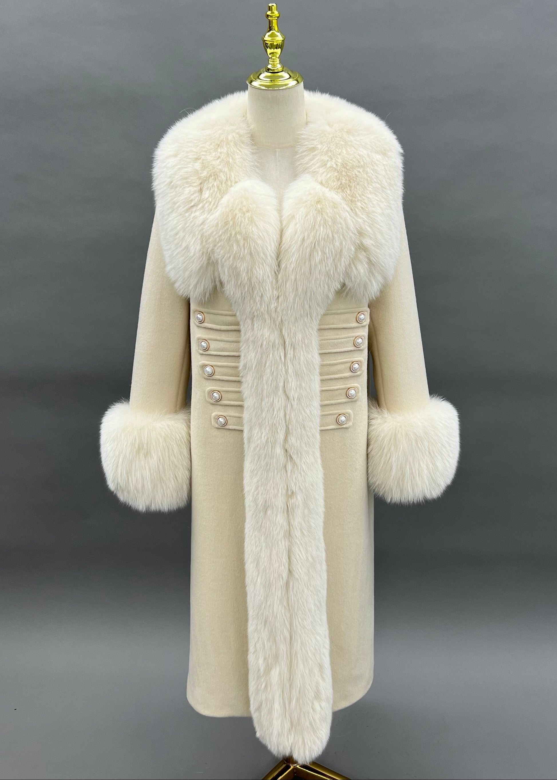 Janefur Wholesale Women's Fur Placket Long Cashmere Wool Down-Filled Coat #3 Beige