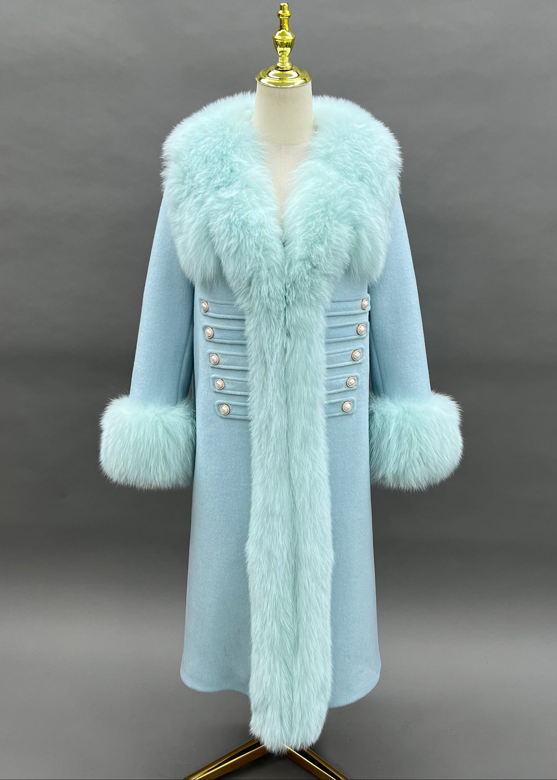 Janefur Wholesale Women's Fur Placket Long Cashmere Wool Down-Filled Coat #4 Light Blue