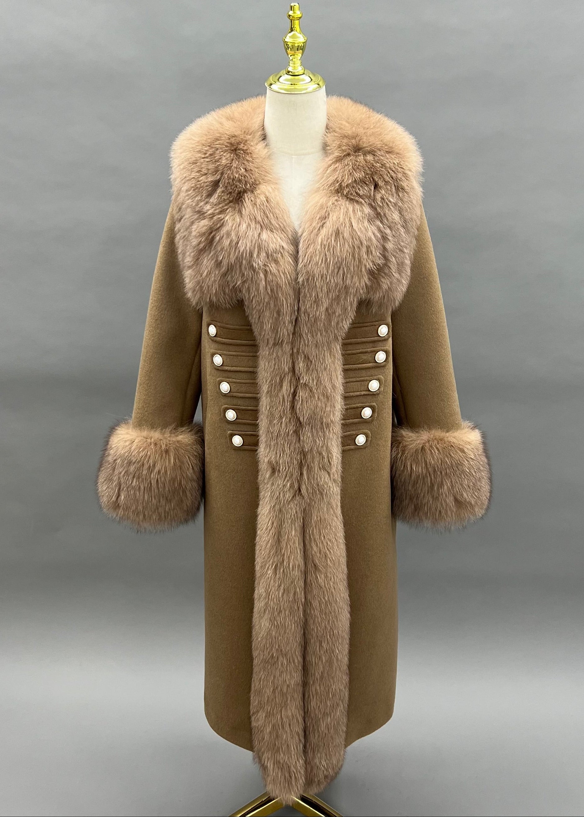 Janefur Wholesale Women's Fur Placket Long Cashmere Wool Down-Filled Coat #5 Light Brown
