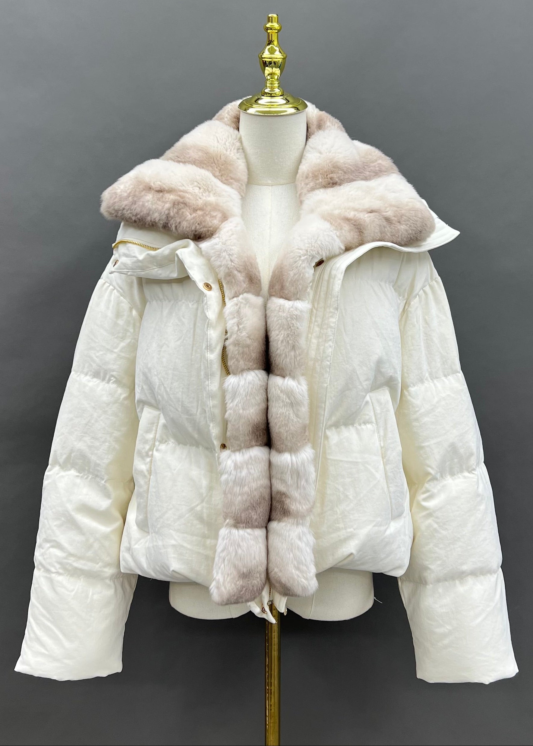 Janefur Real Rex Rabbit Fur Segmented Placket Short Down Jacket Women Wholesale #1 White