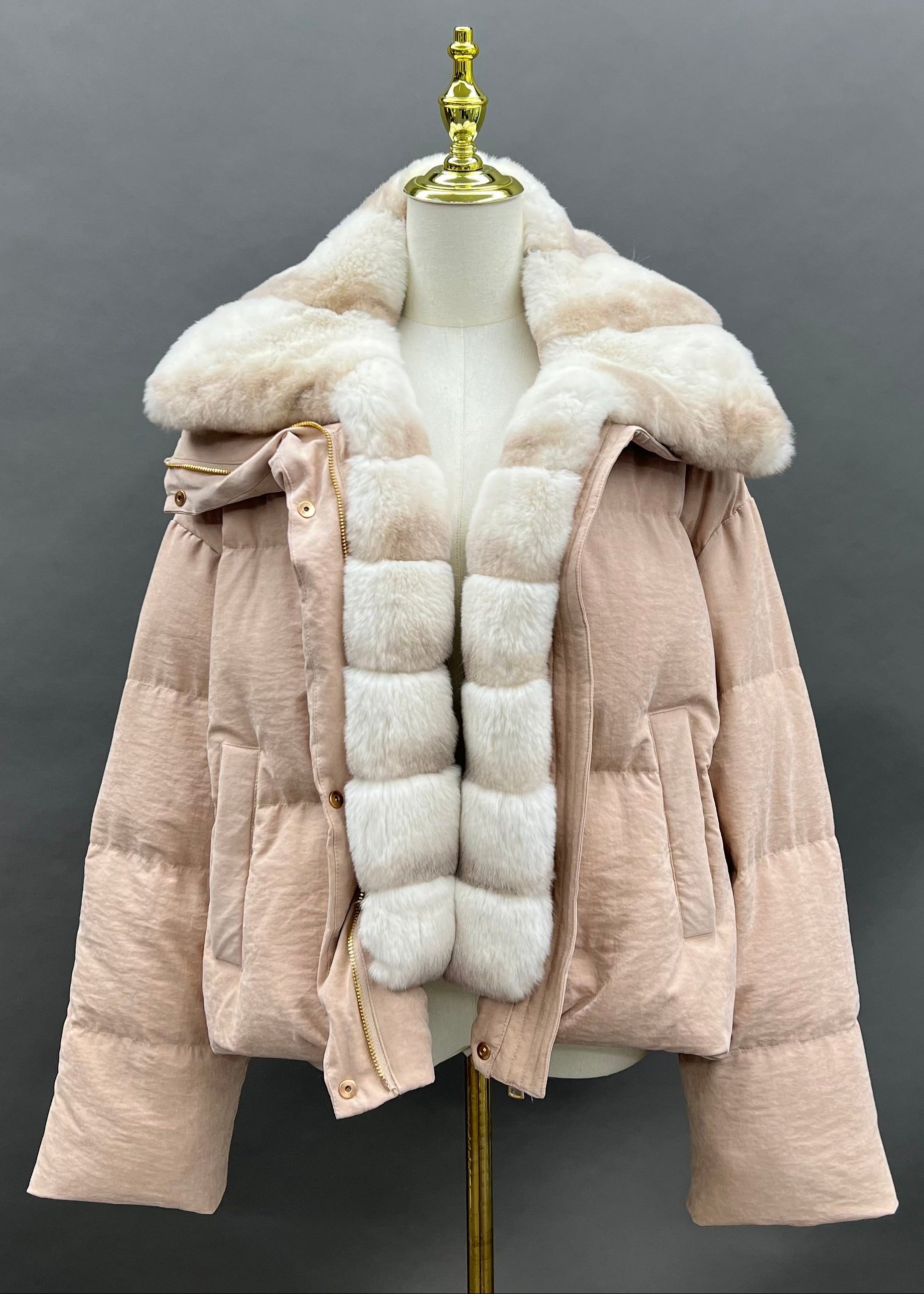 Janefur Real Rex Rabbit Fur Segmented Placket Short Down Jacket Women Wholesale #2 Light Pink