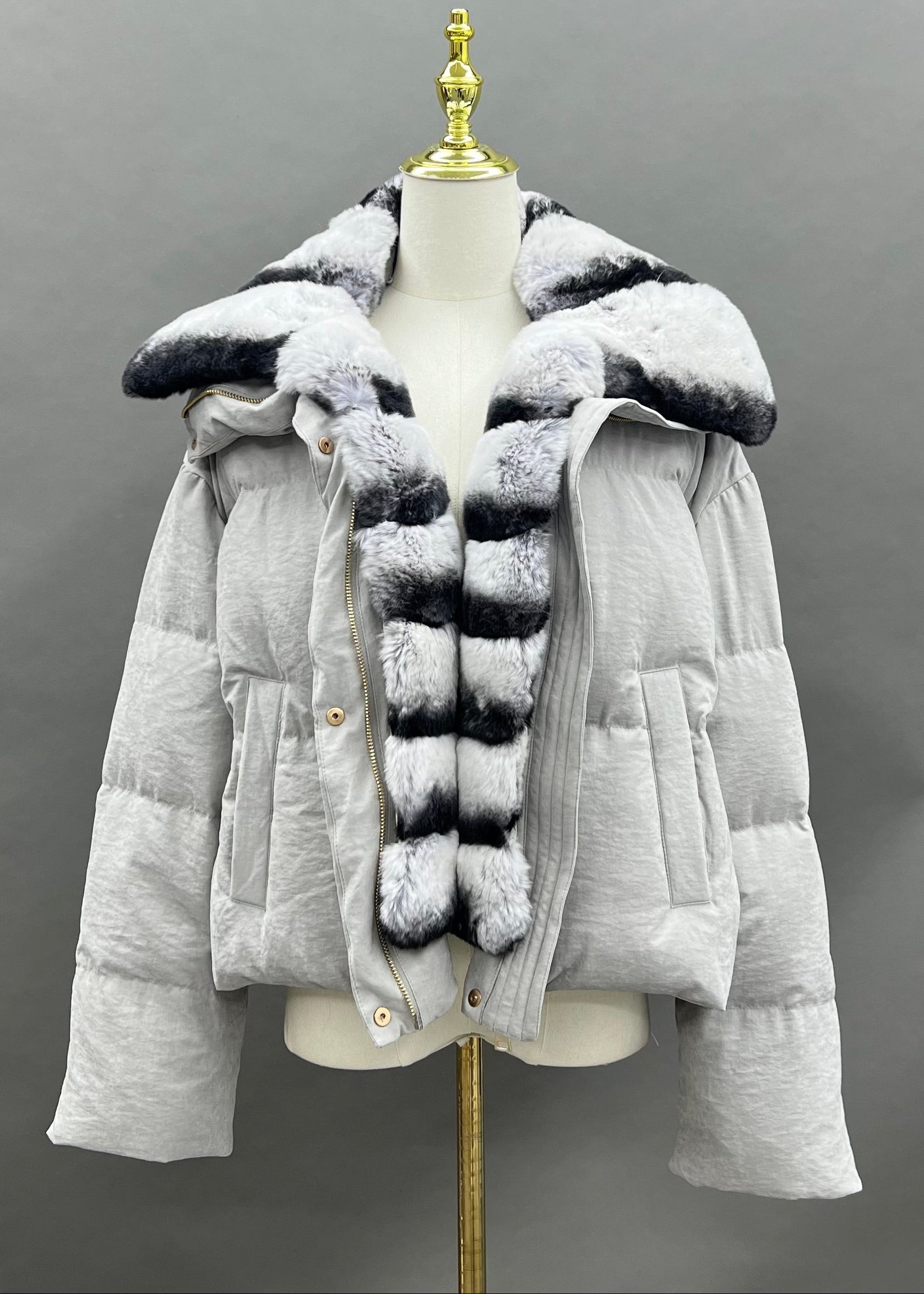 Janefur Real Rex Rabbit Fur Segmented Placket Short Down Jacket Women Wholesale #3 Light Gray