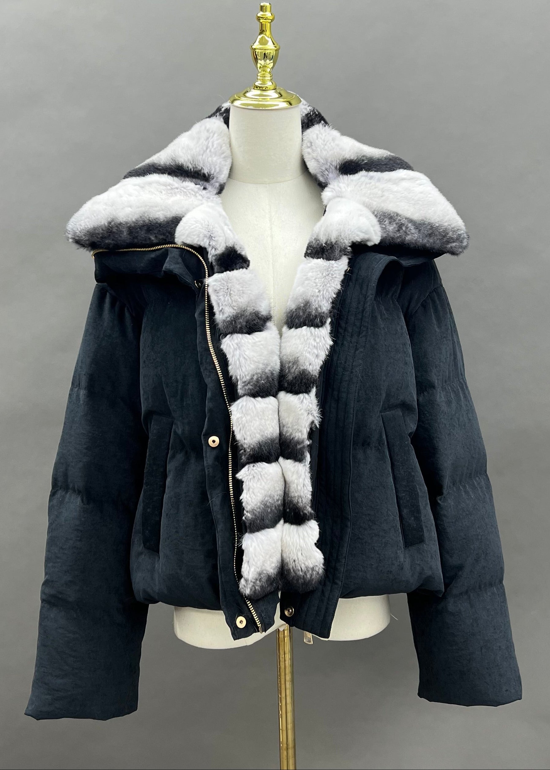 Janefur Real Rex Rabbit Fur Segmented Placket Short Down Jacket Women Wholesale #4 Black