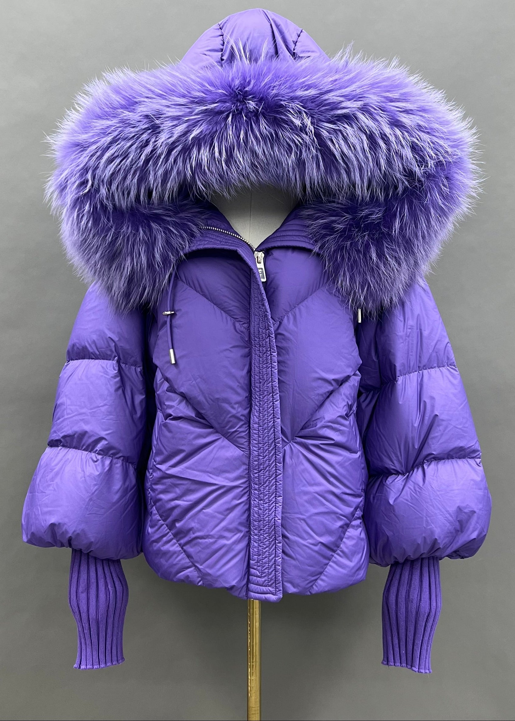 Janefur Ladies' Hooded Real Raccoon Fur Collar Short Down Jacket Wholesale #2 Purple