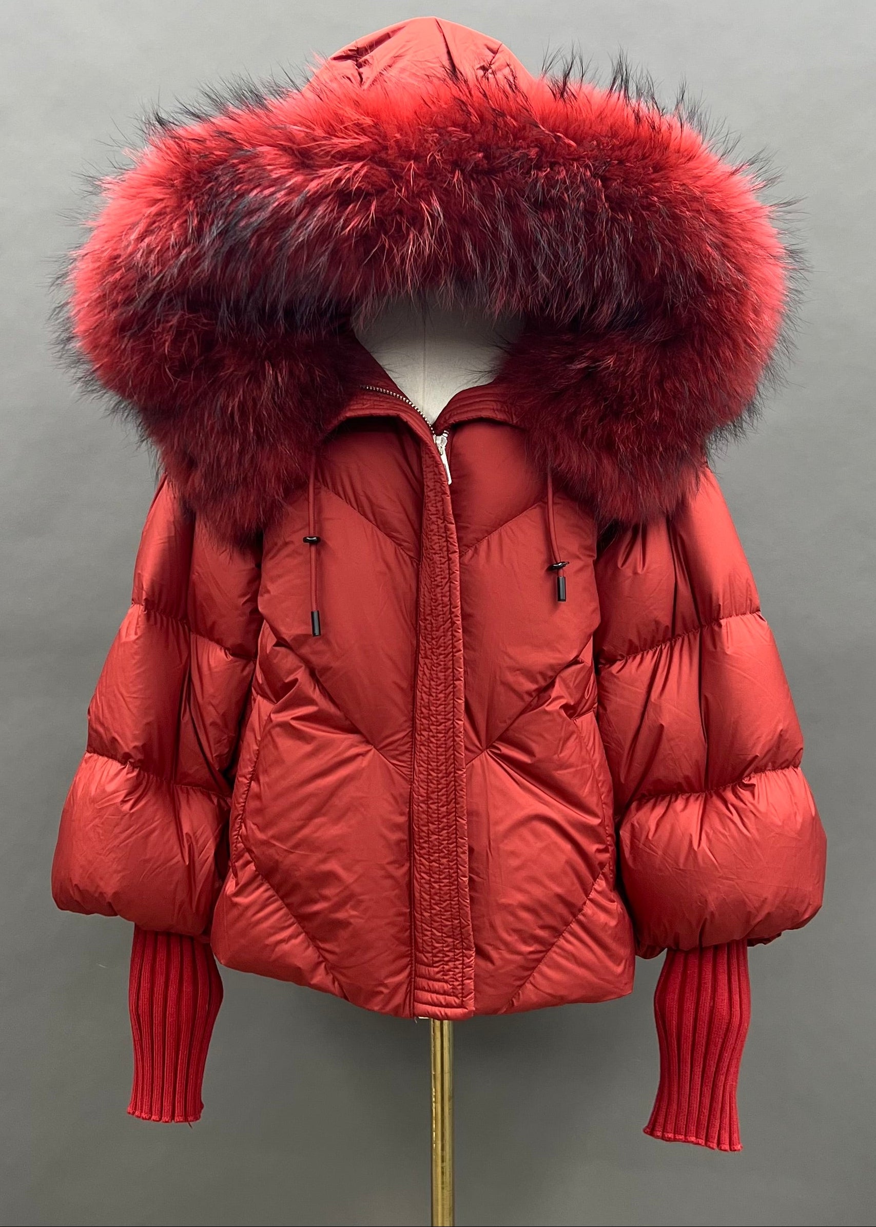 Janefur Ladies' Hooded Real Raccoon Fur Collar Short Down Jacket Wholesale #3 Red