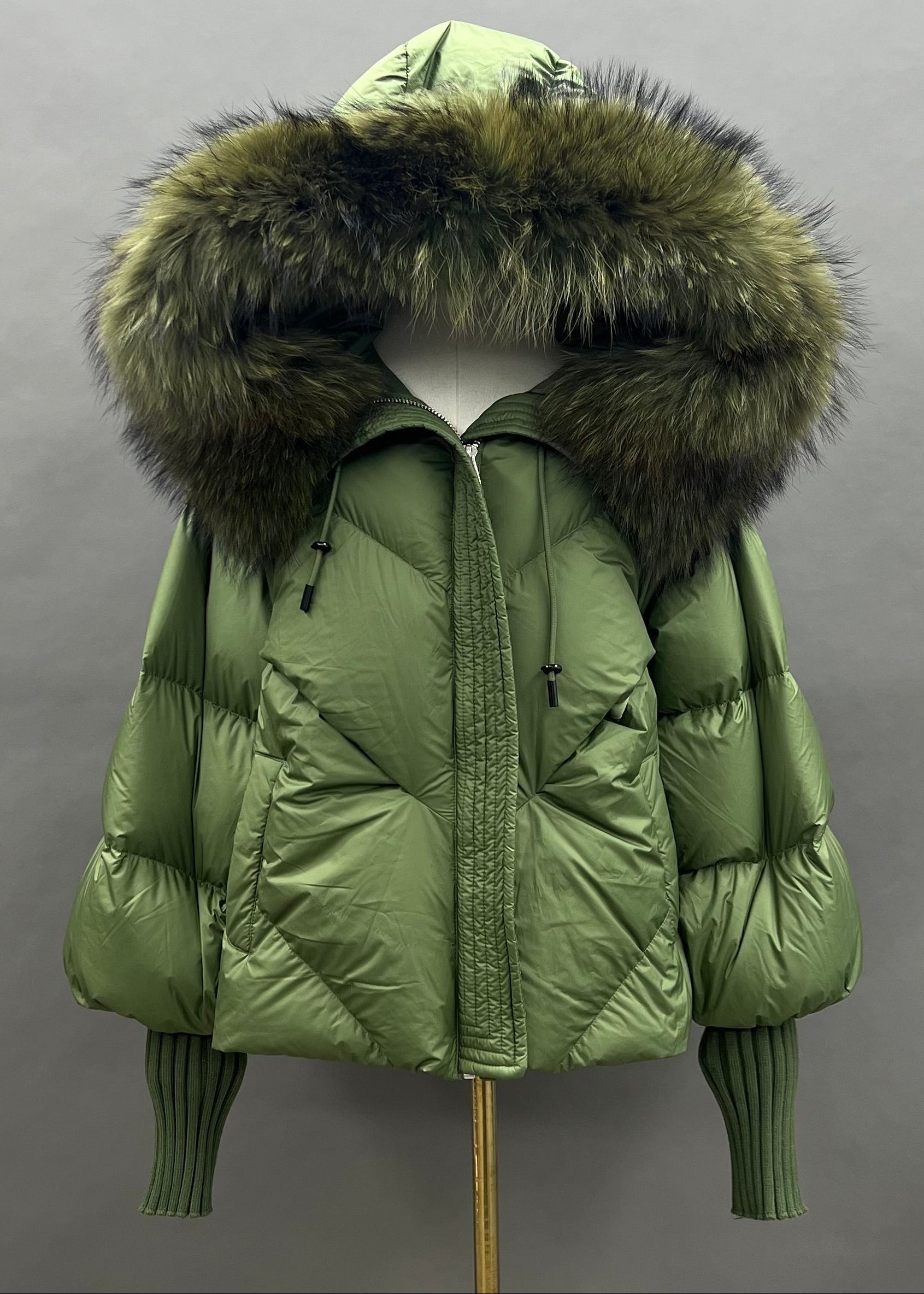 Janefur Ladies' Hooded Real Raccoon Fur Collar Short Down Jacket Wholesale #4 Green
