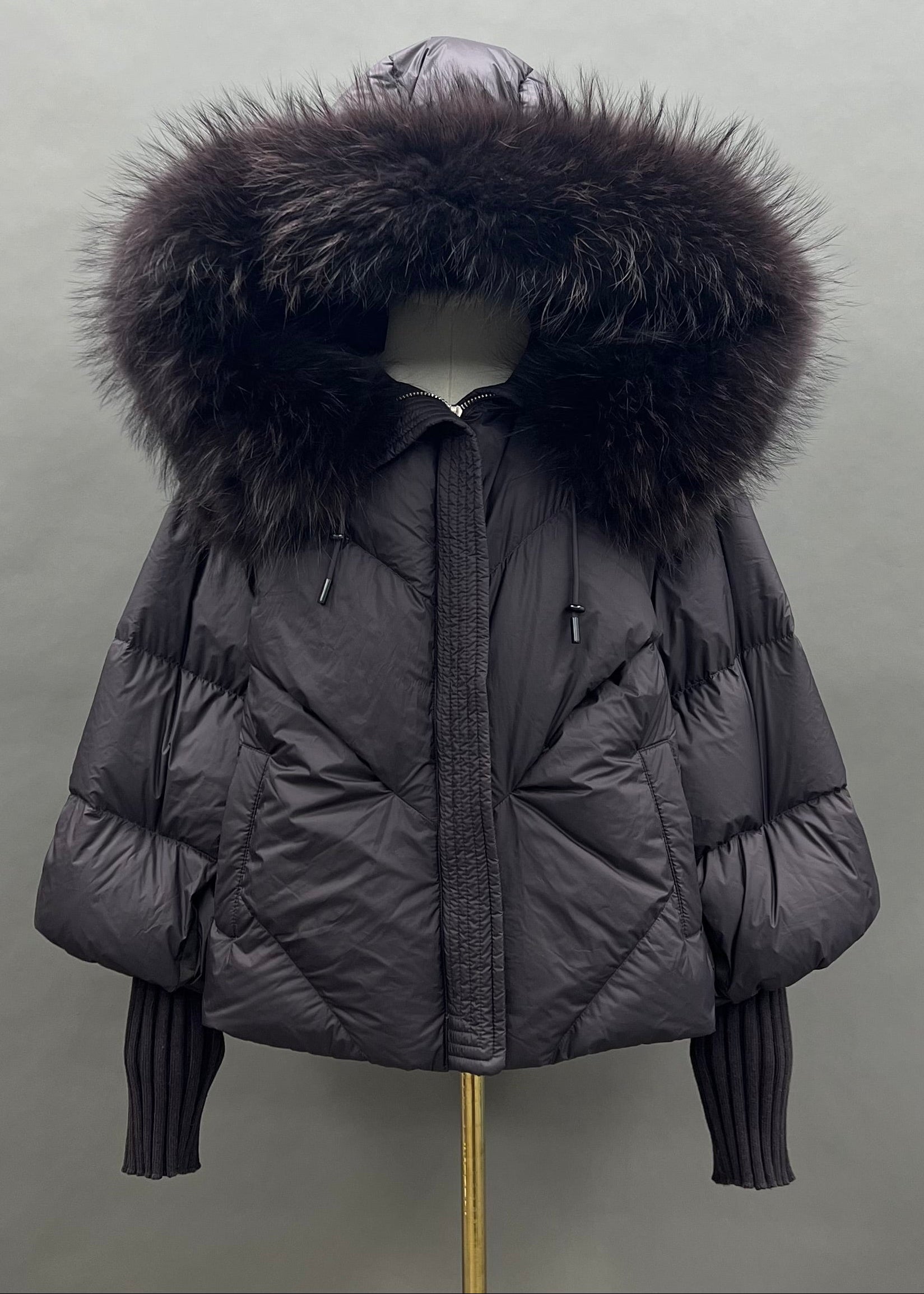 Janefur Ladies' Hooded Real Raccoon Fur Collar Short Down Jacket Wholesale #5 Black + Dark Coffee Fur