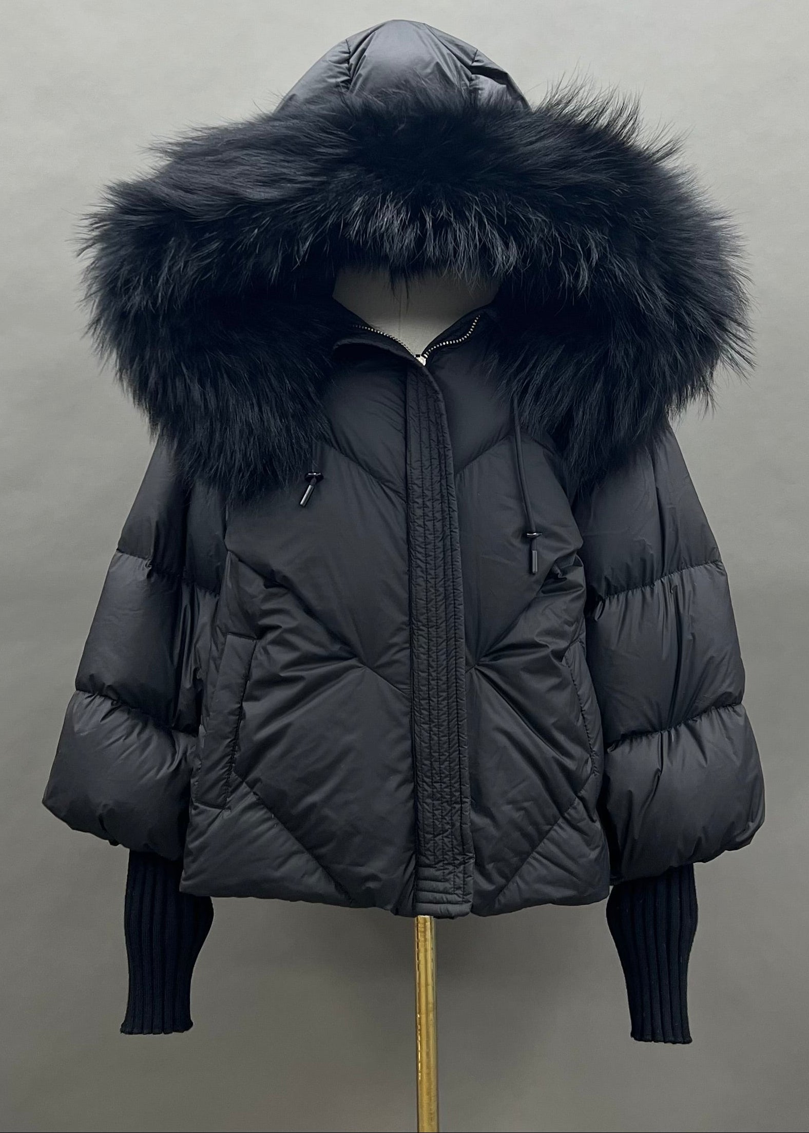 Janefur Ladies' Hooded Real Raccoon Fur Collar Short Down Jacket Wholesale #6 Black + Black Fur