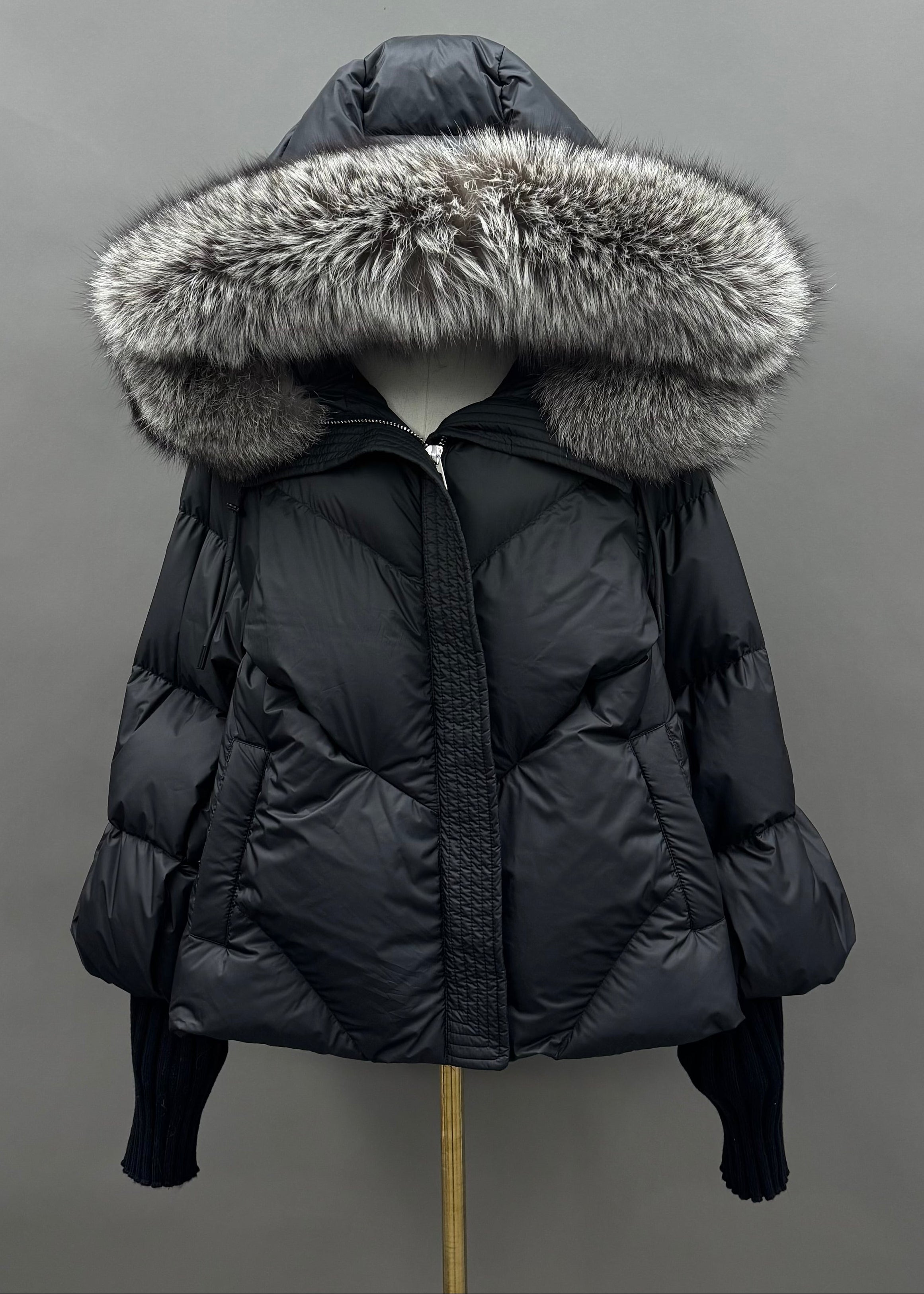 Janefur Ladies' Hooded Real Raccoon Fur Collar Short Down Jacket Wholesale #7 Black + Silver Fox Fur