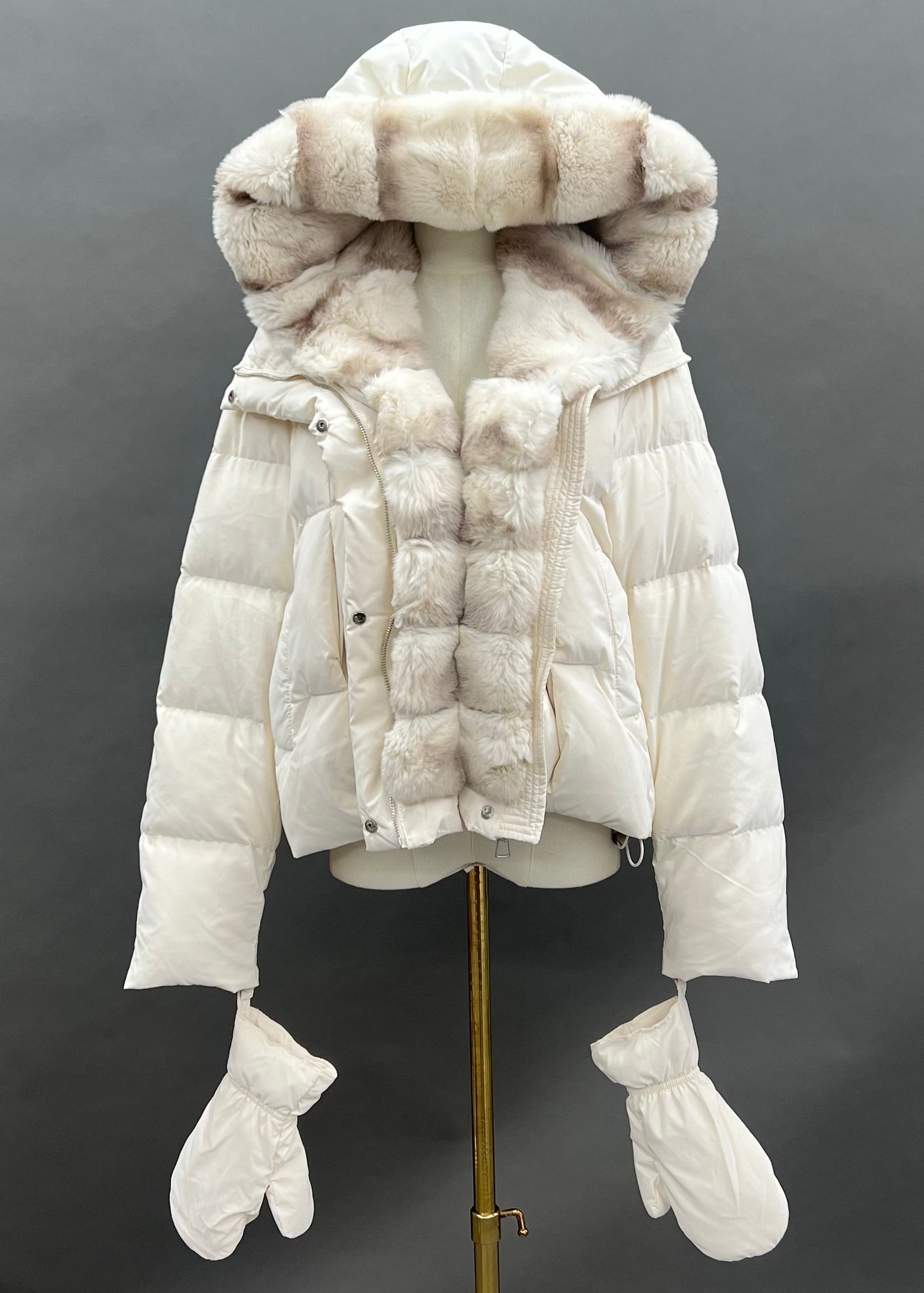 Janefur Bulk Wholesale Women's Real Rex Rabbit Fur Placket Hooded Down Jacket With Detachable Gloves #1 White