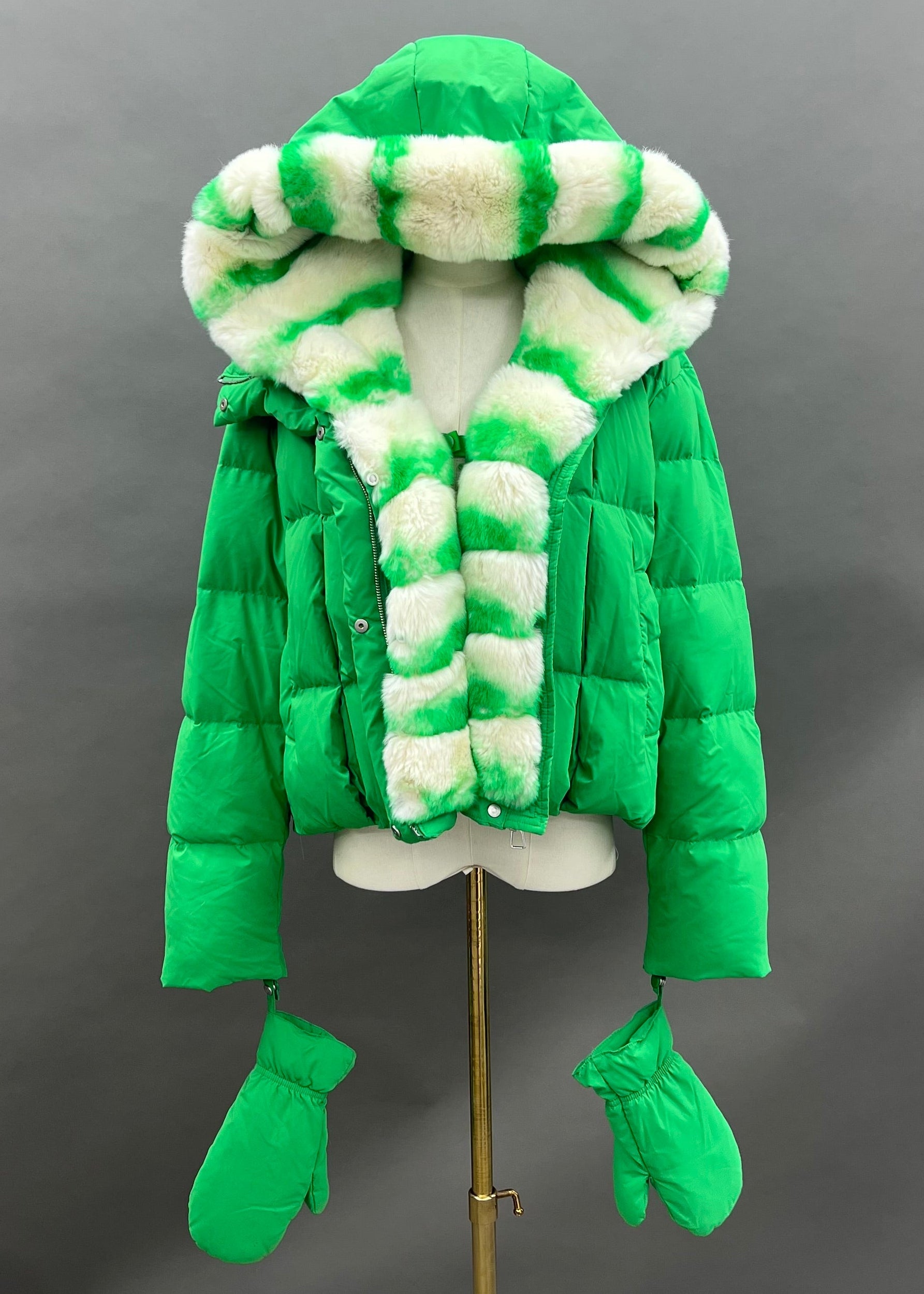 Janefur Bulk Wholesale Women's Real Rex Rabbit Fur Placket Hooded Down Jacket With Detachable Gloves #2 Green