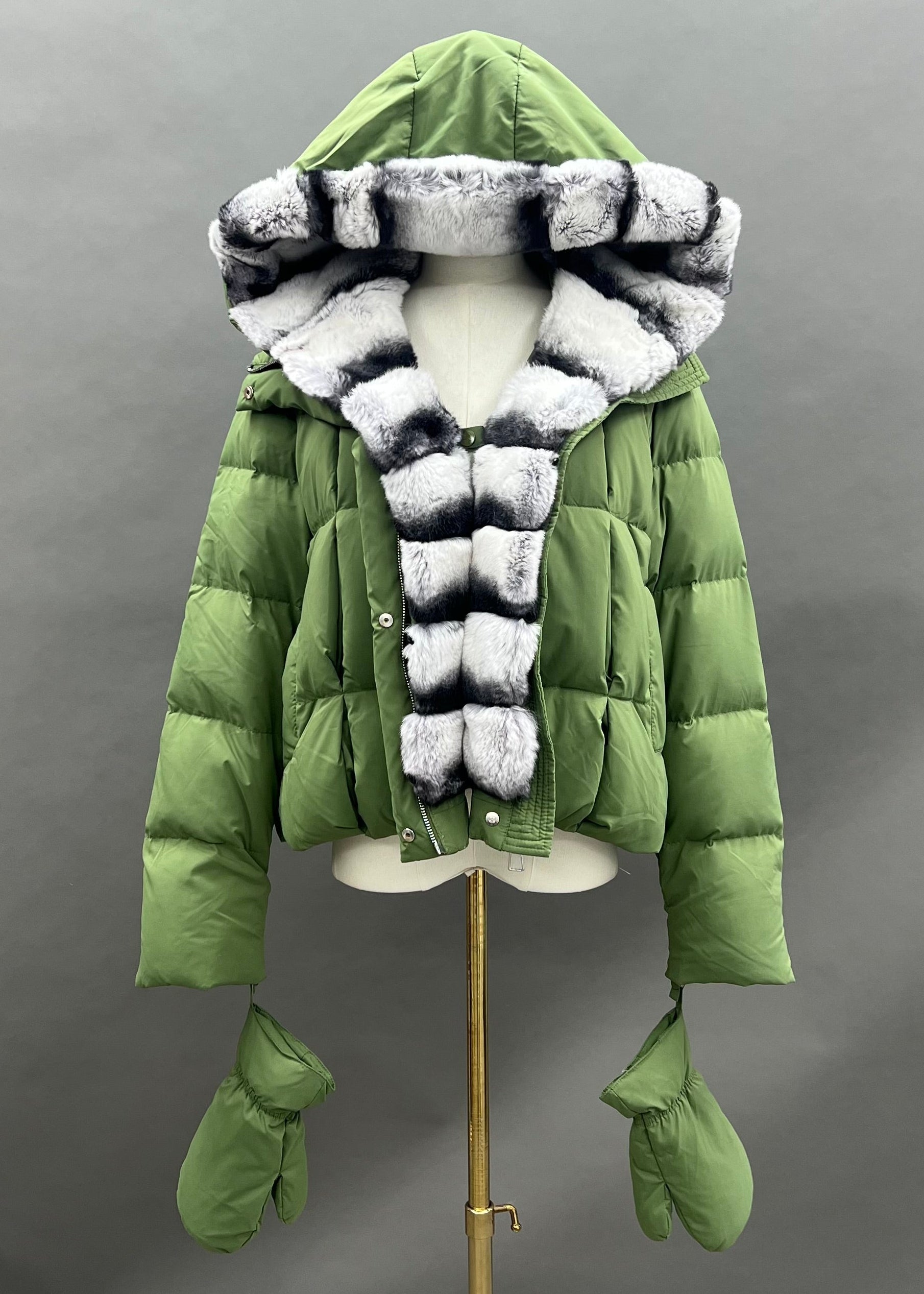 Janefur Bulk Wholesale Women's Real Rex Rabbit Fur Placket Hooded Down Jacket With Detachable Gloves #3 Grass Green