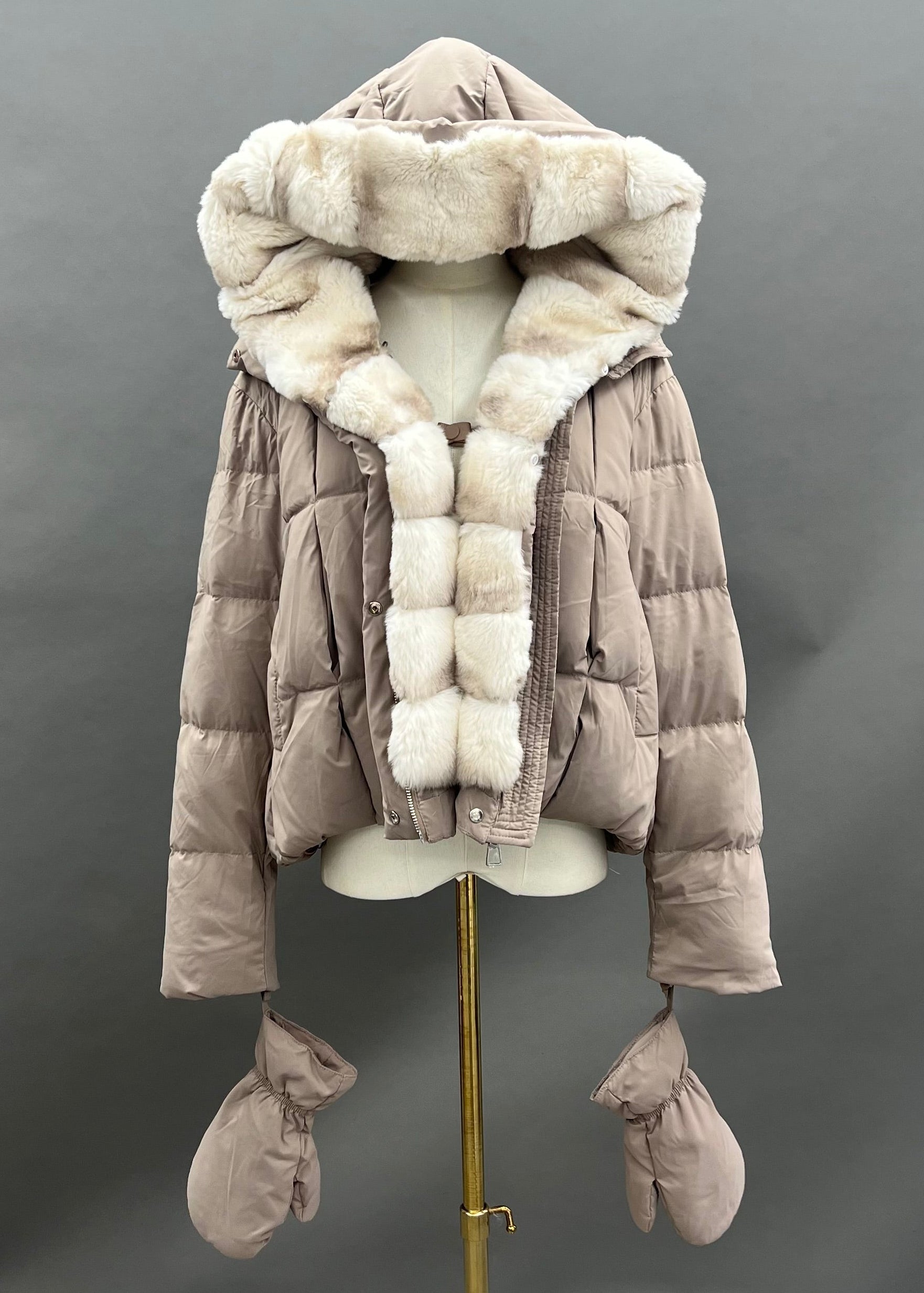 Janefur Bulk Wholesale Women's Real Rex Rabbit Fur Placket Hooded Down Jacket With Detachable Gloves #4 Milk Tea Color