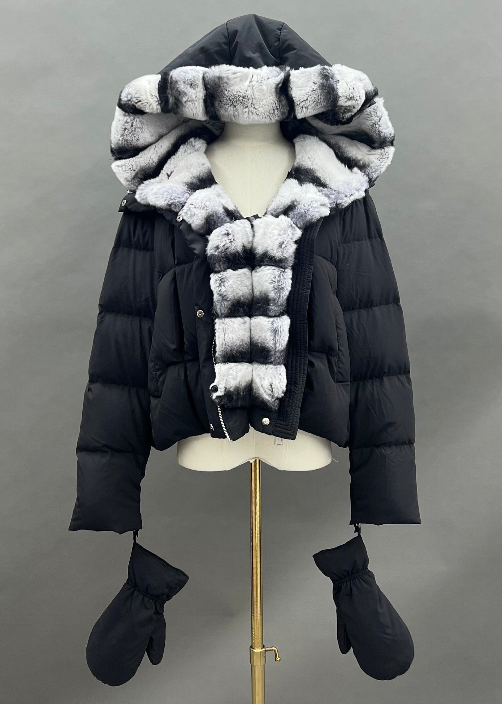 Janefur Bulk Wholesale Women's Real Rex Rabbit Fur Placket Hooded Down Jacket With Detachable Gloves #5 Black