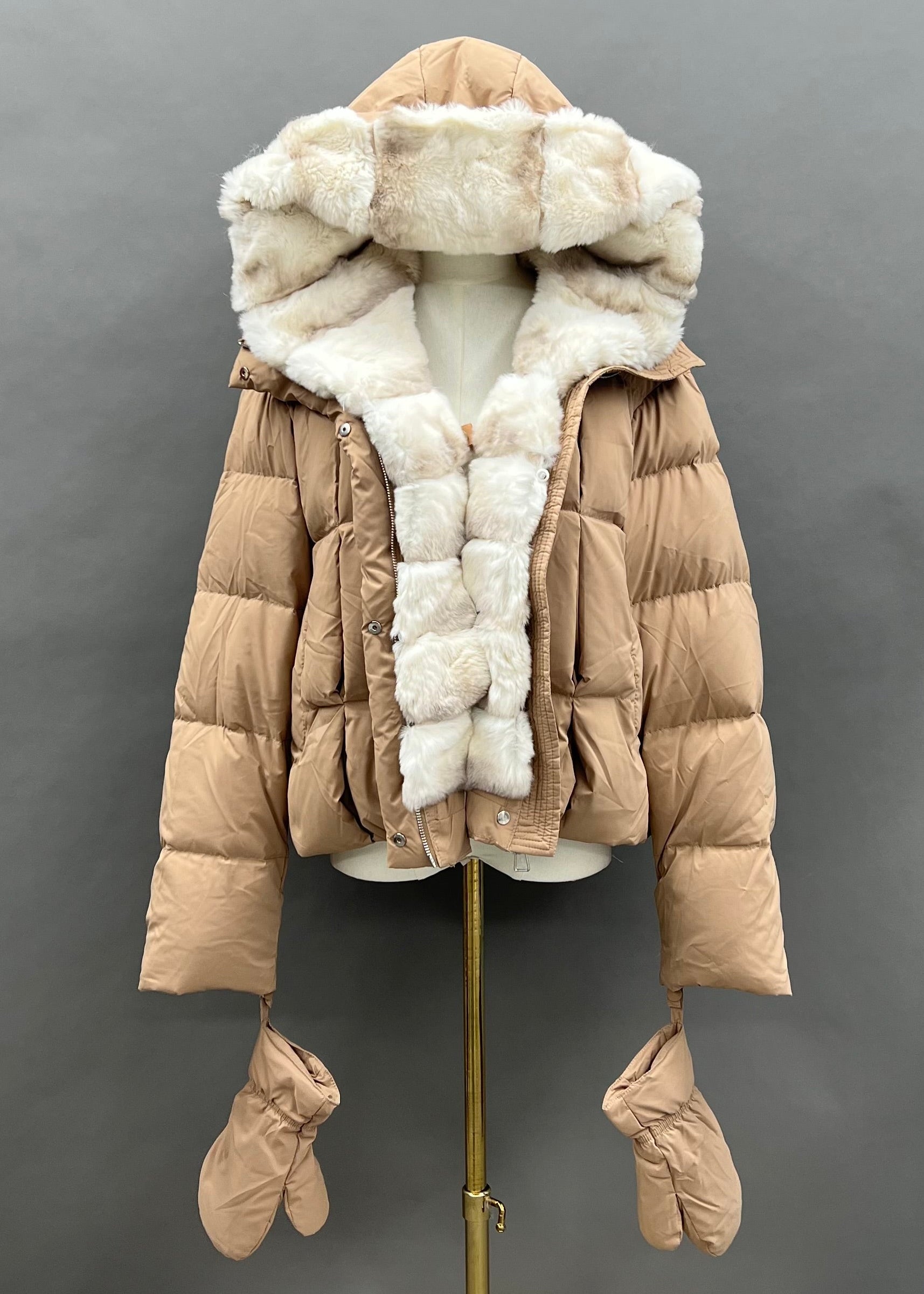Janefur Bulk Wholesale Women's Real Rex Rabbit Fur Placket Hooded Down Jacket With Detachable Gloves #6 Camel