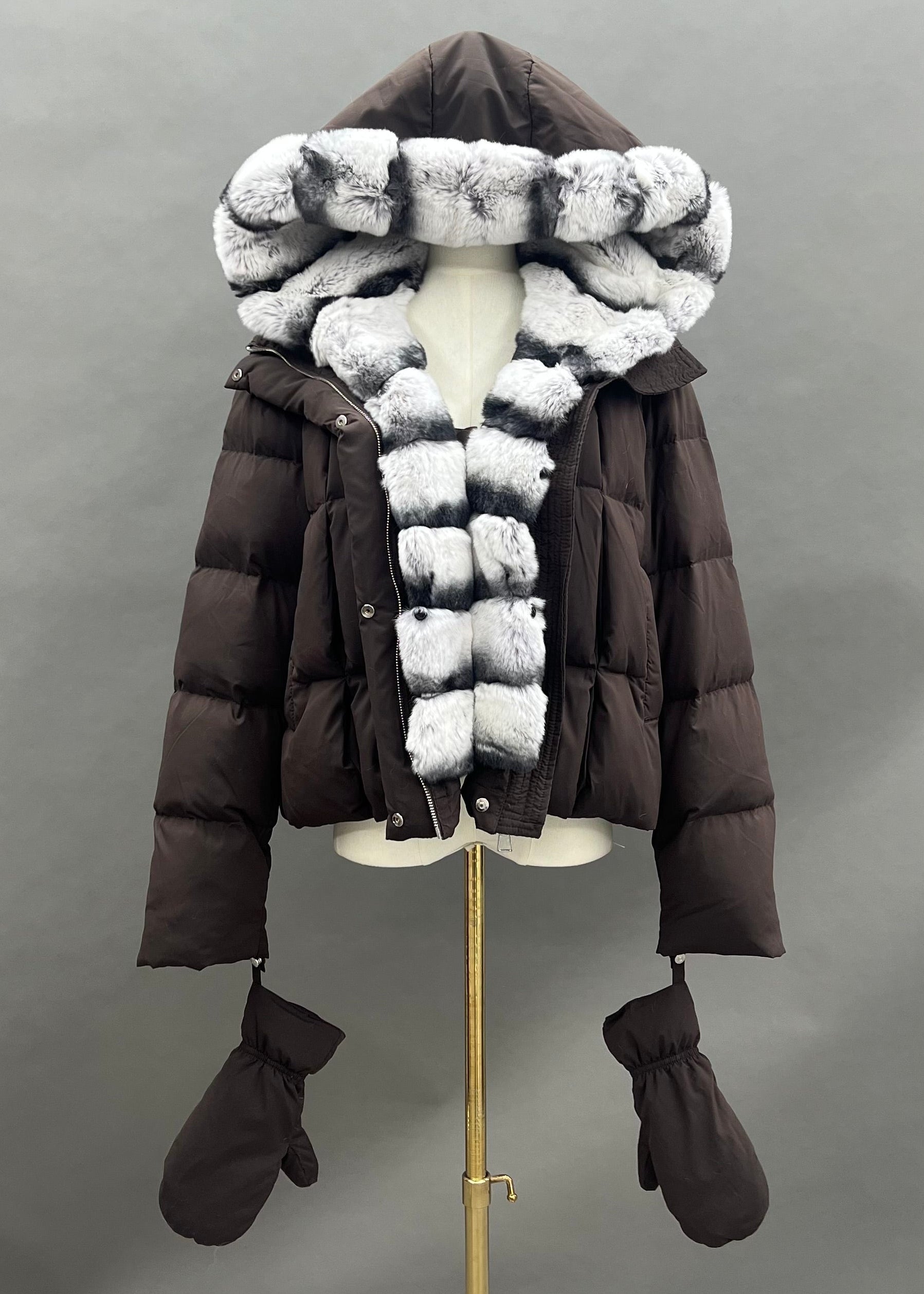 Janefur Bulk Wholesale Women's Real Rex Rabbit Fur Placket Hooded Down Jacket With Detachable Gloves #7 Dark Coffee