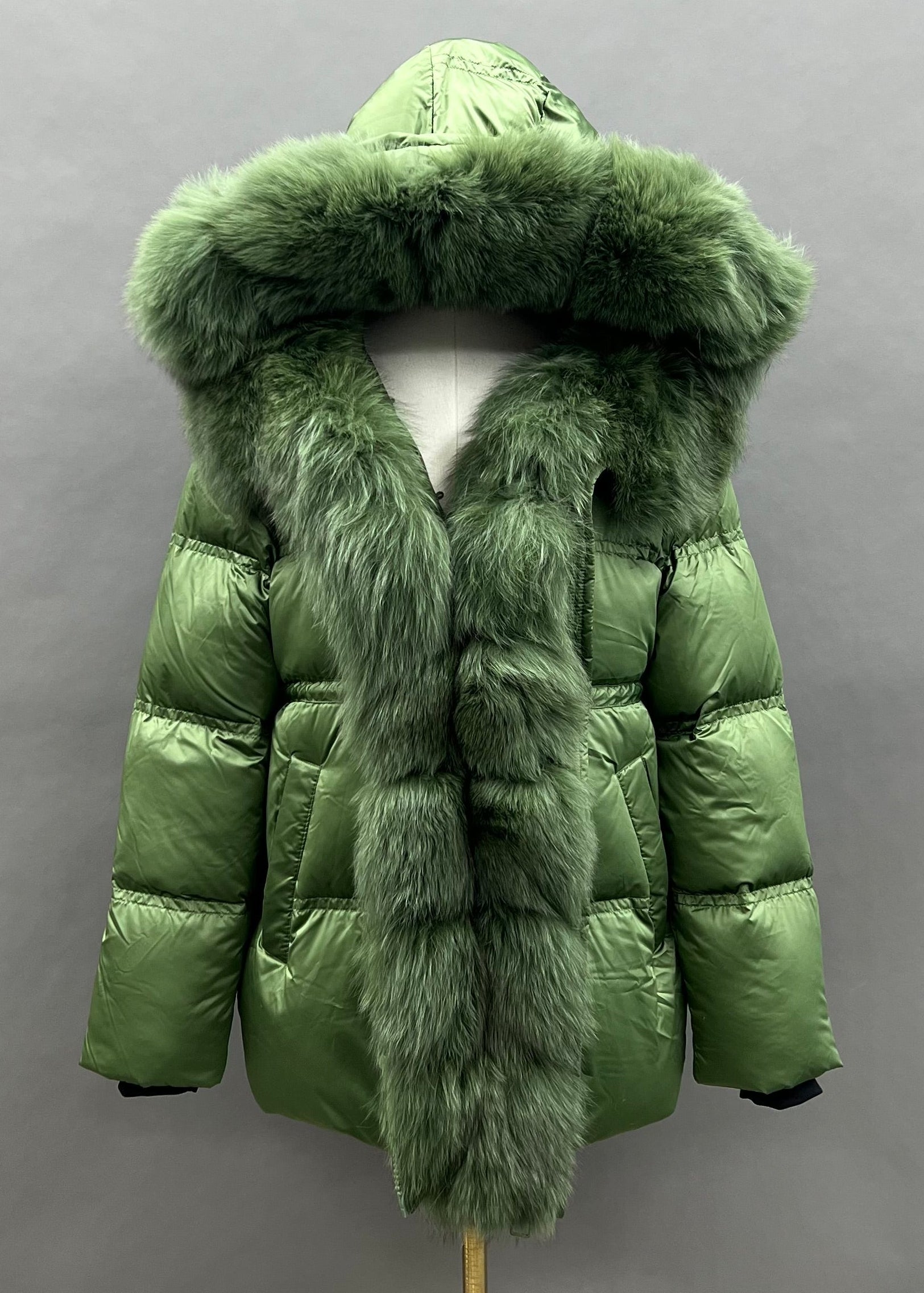 Janefur Segmented Genuine Fox Placket Fur Short Down Jacket Women Wholesale #1 Grass Green
