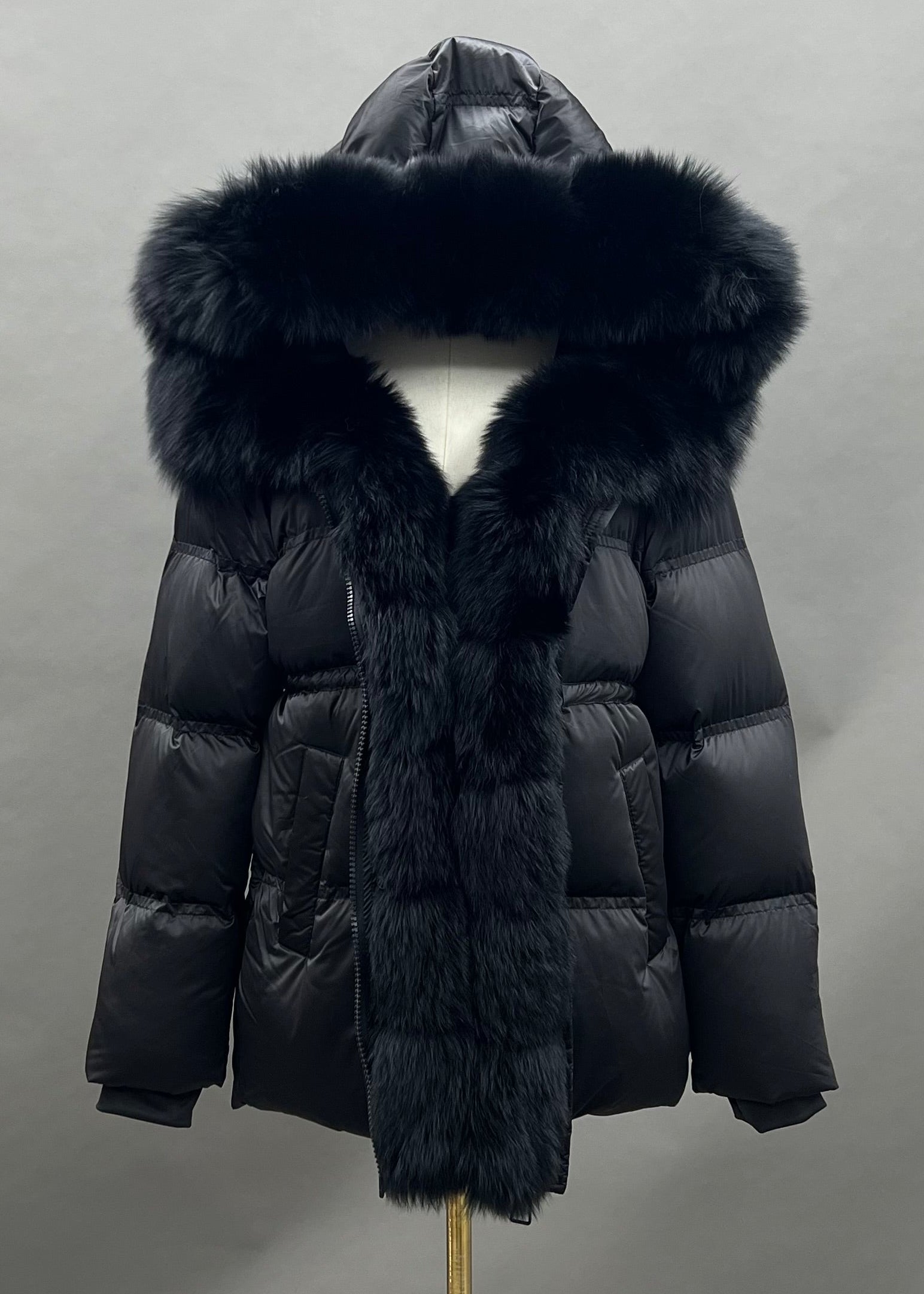 Janefur Segmented Genuine Fox Placket Fur Short Down Jacket Women Wholesale #2 Black + Black Fur