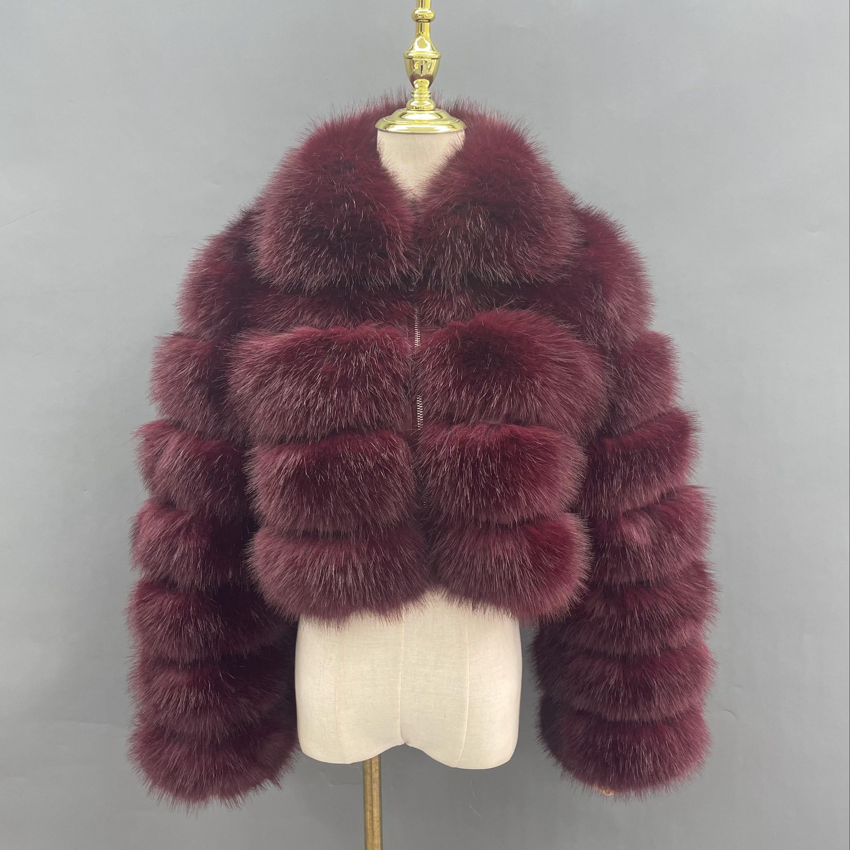 Janefur Fashion-Forward Wholesale Women's 5-Panel Faux Fur Cropped Casual Jacket Bulk Pricing #6 Wine