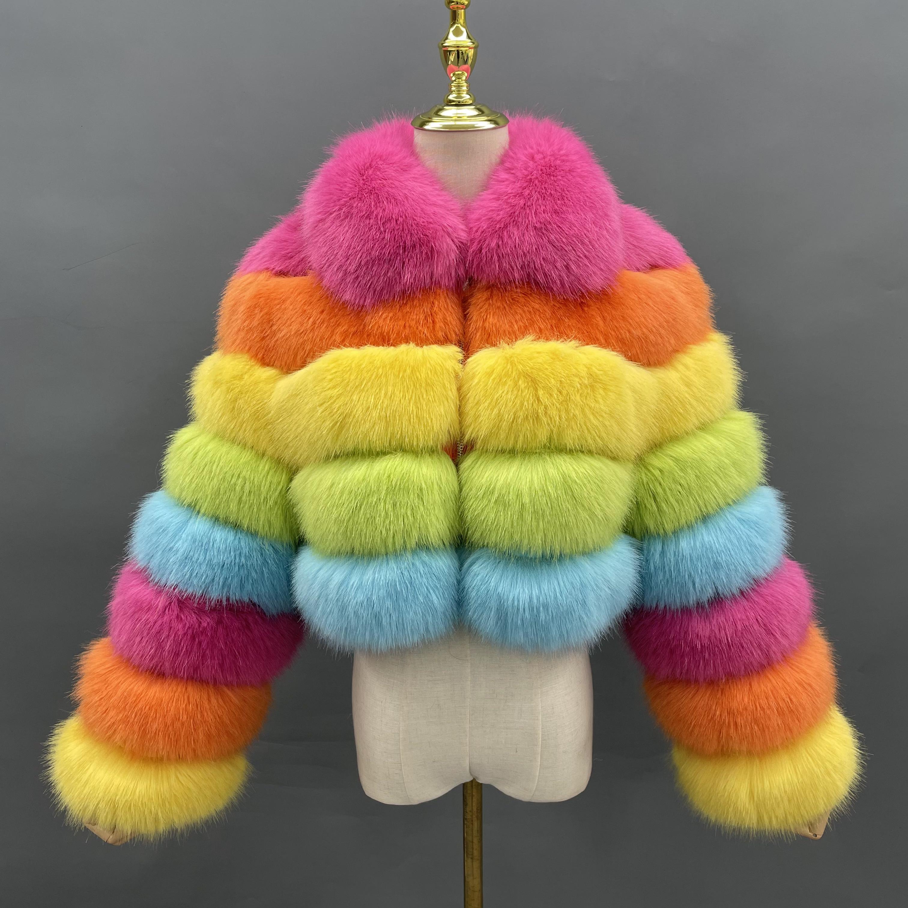 Janefur Fashion-Forward Wholesale Women's 5-Panel Faux Fur Cropped Casual Jacket Bulk Pricing #7 Rainbow