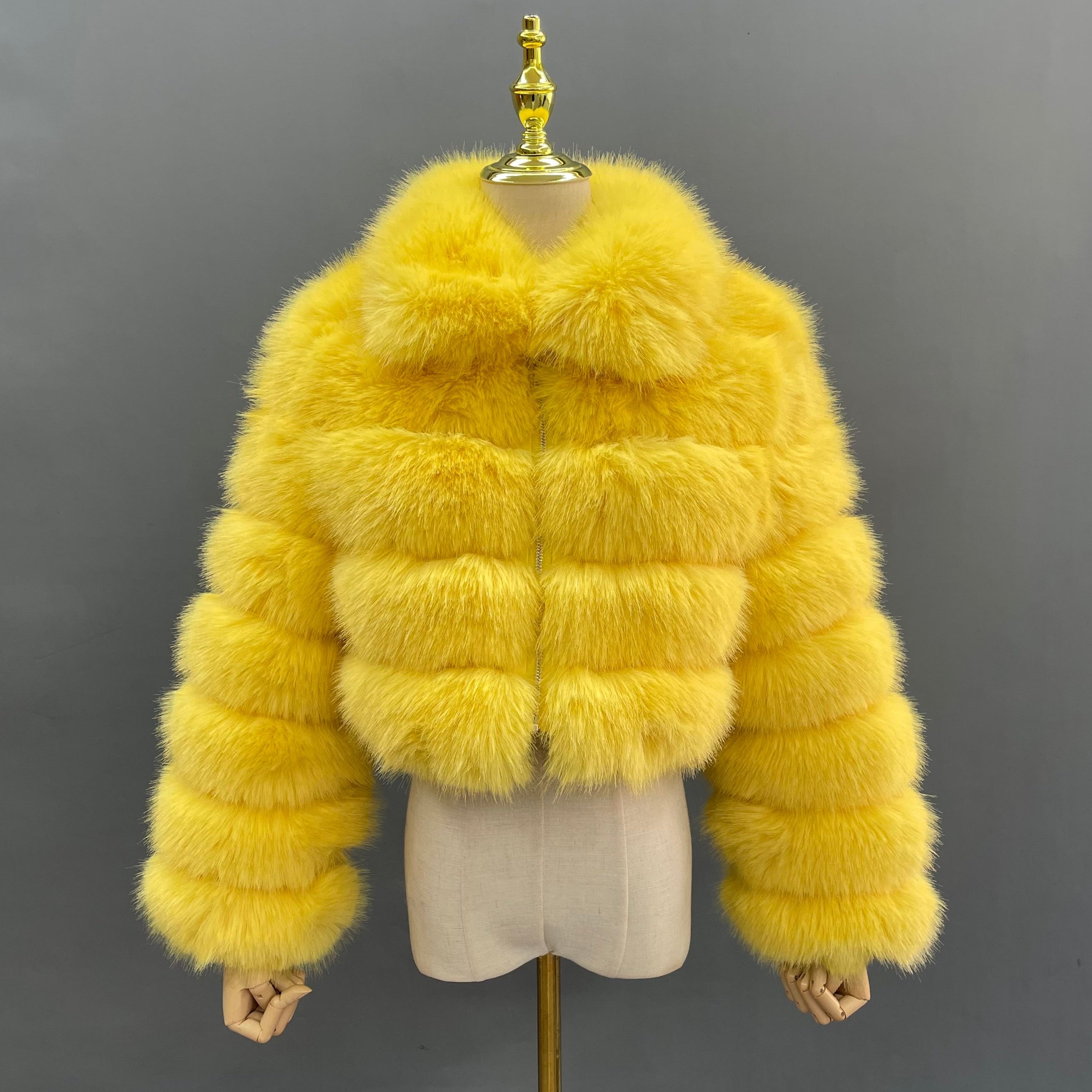 Janefur Fashion-Forward Wholesale Women's 5-Panel Faux Fur Cropped Casual Jacket Bulk Pricing #8 Yellow