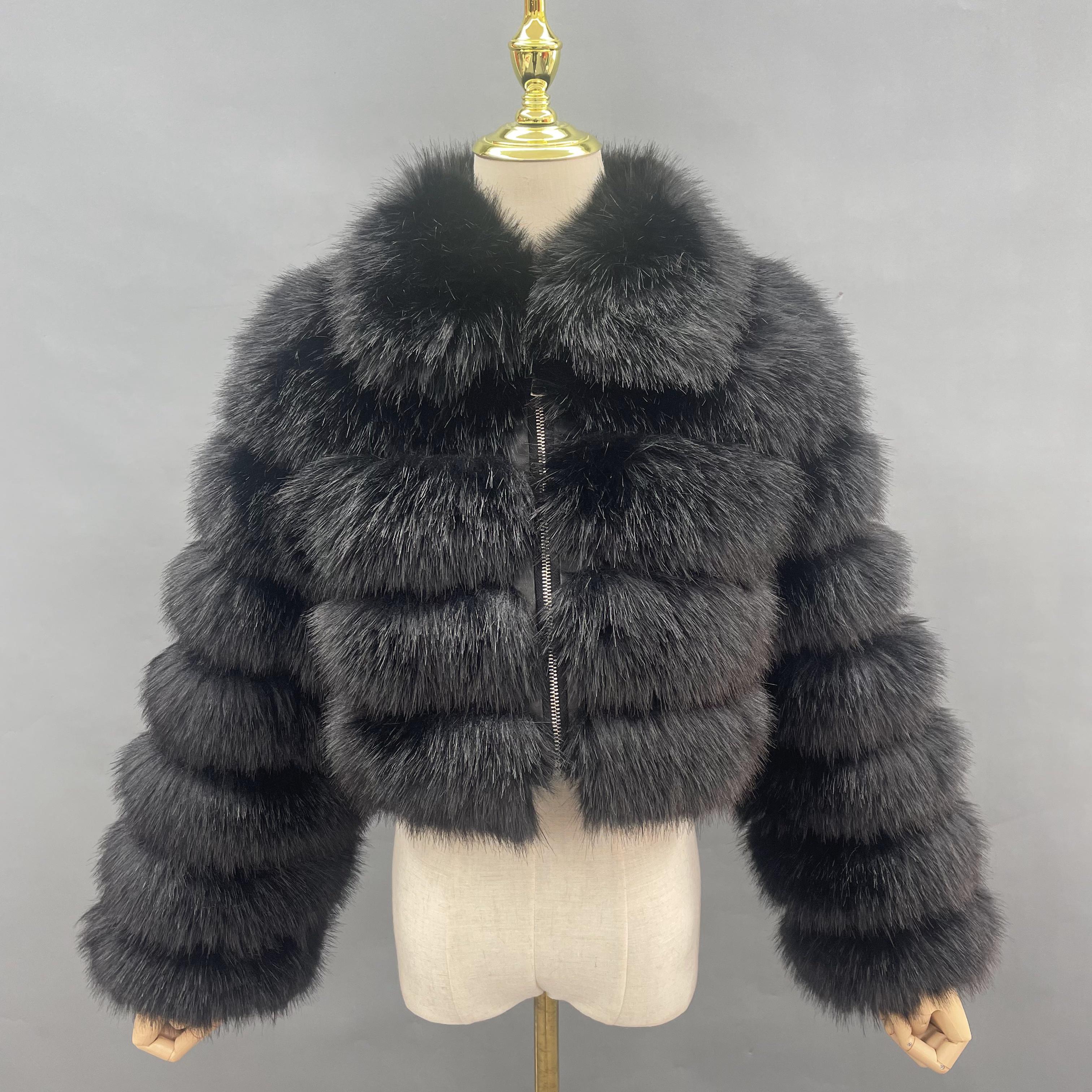 Janefur Fashion-Forward Wholesale Women's 5-Panel Faux Fur Cropped Casual Jacket Bulk Pricing #2 Black