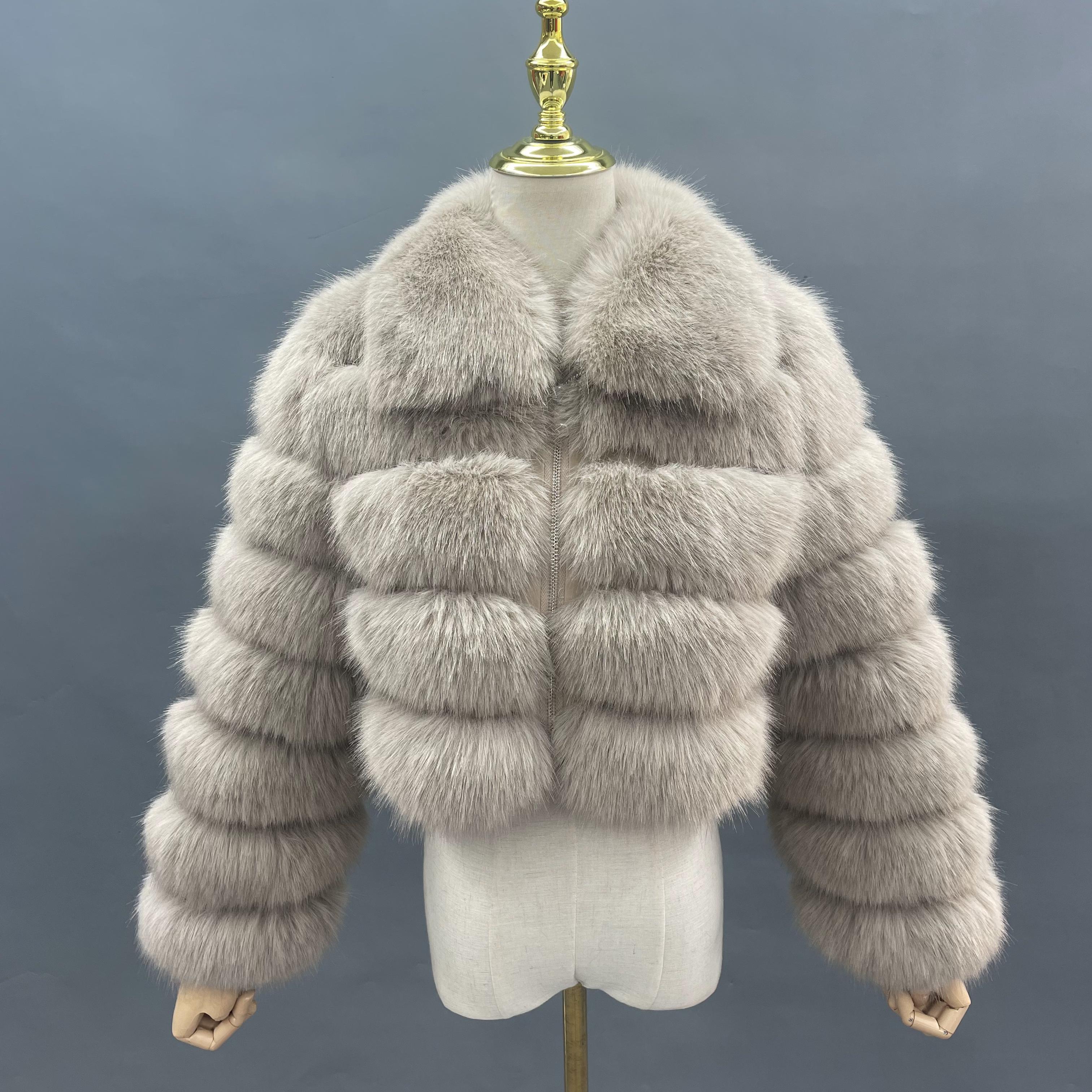 Janefur Fashion-Forward Wholesale Women's 5-Panel Faux Fur Cropped Casual Jacket Bulk Pricing #3 Beige