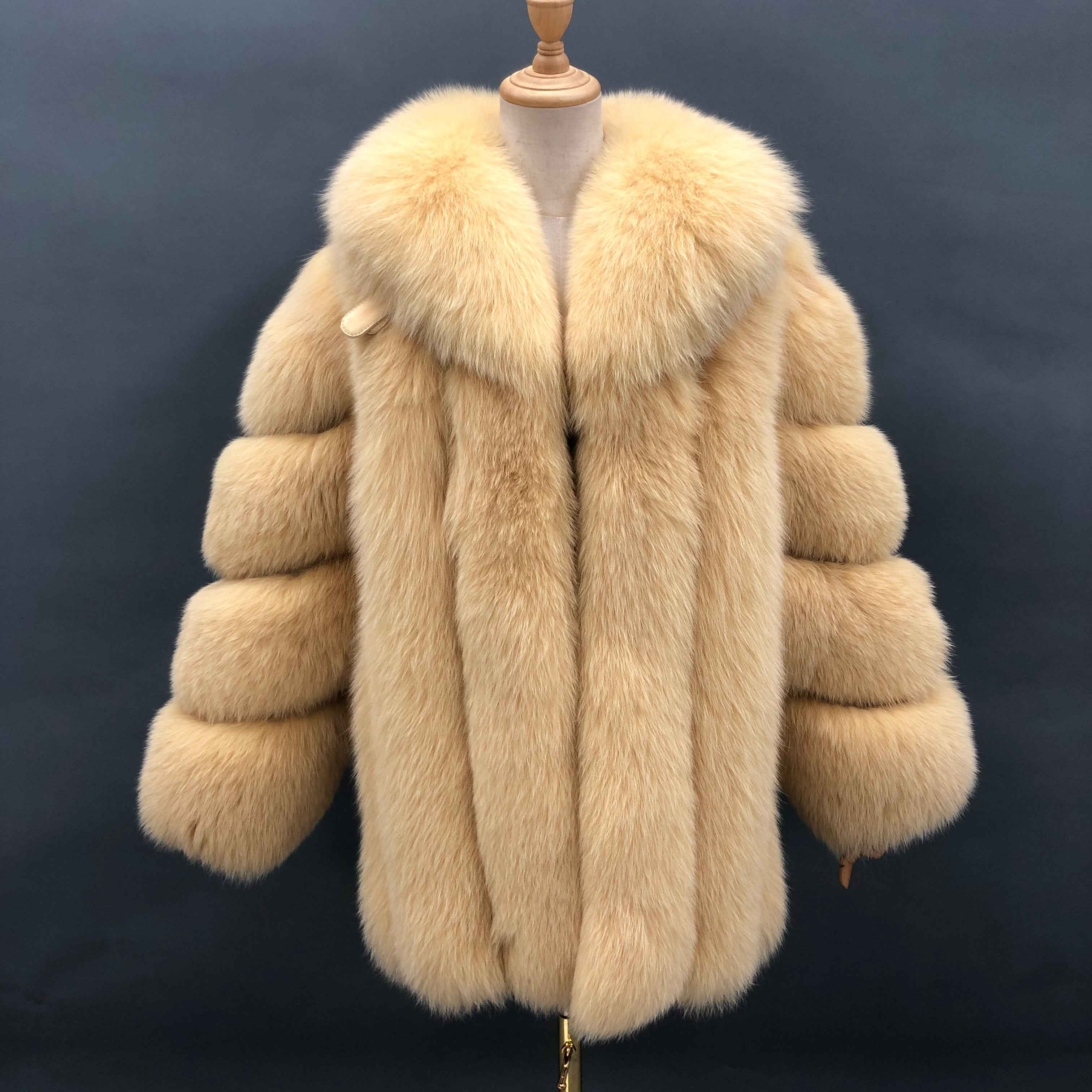 2026 Factory Wholesale Ladies' Luxury Vertical Stripe Shawl Collar Fox Fur Coat #1 Light Yellow