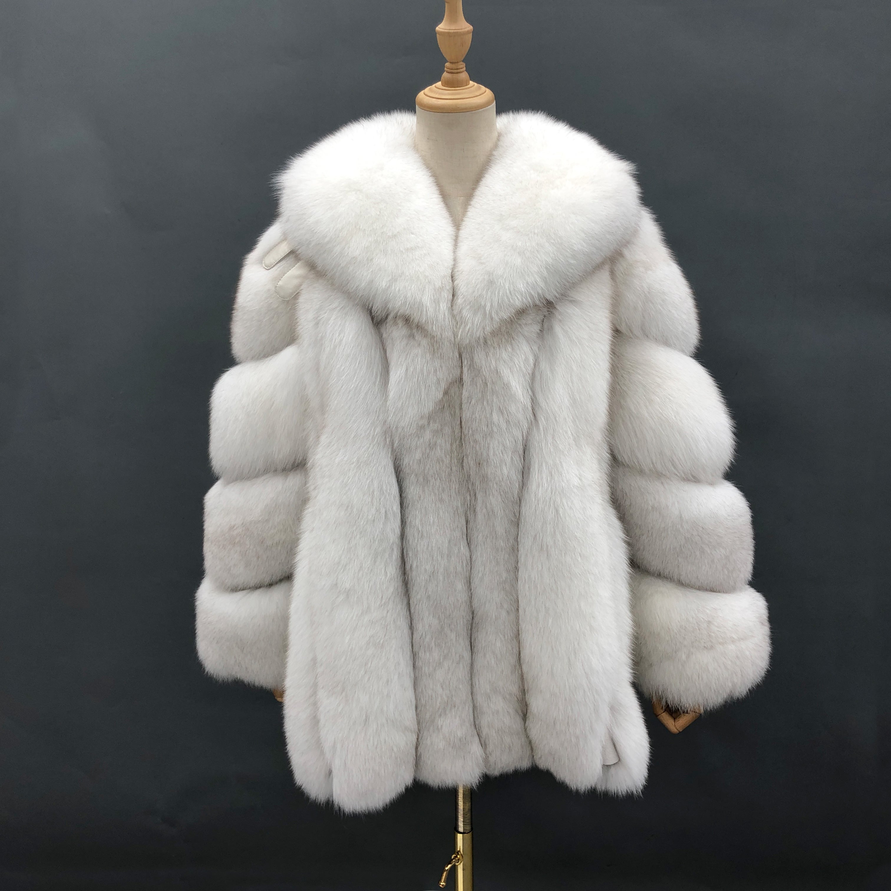 2026 Factory Wholesale Ladies' Luxury Vertical Stripe Shawl Collar Fox Fur Coat #2 White