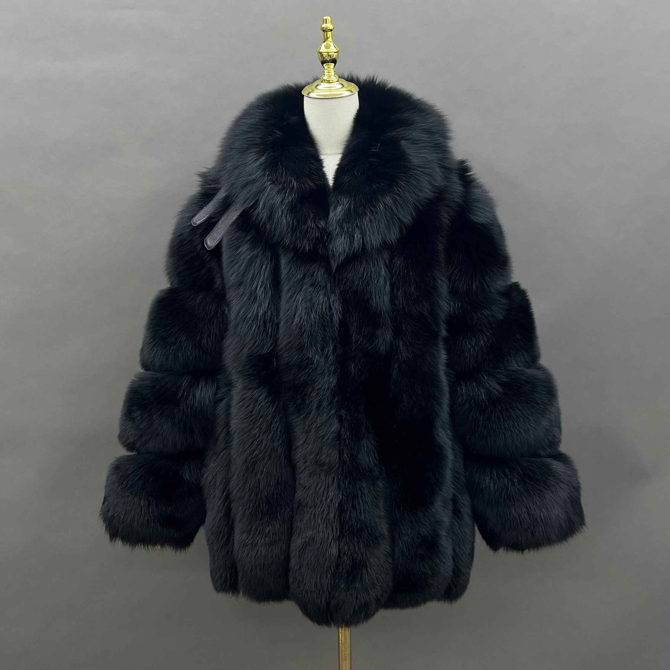 2026 Factory Wholesale Ladies' Luxury Vertical Stripe Shawl Collar Fox Fur Coat #3 Black