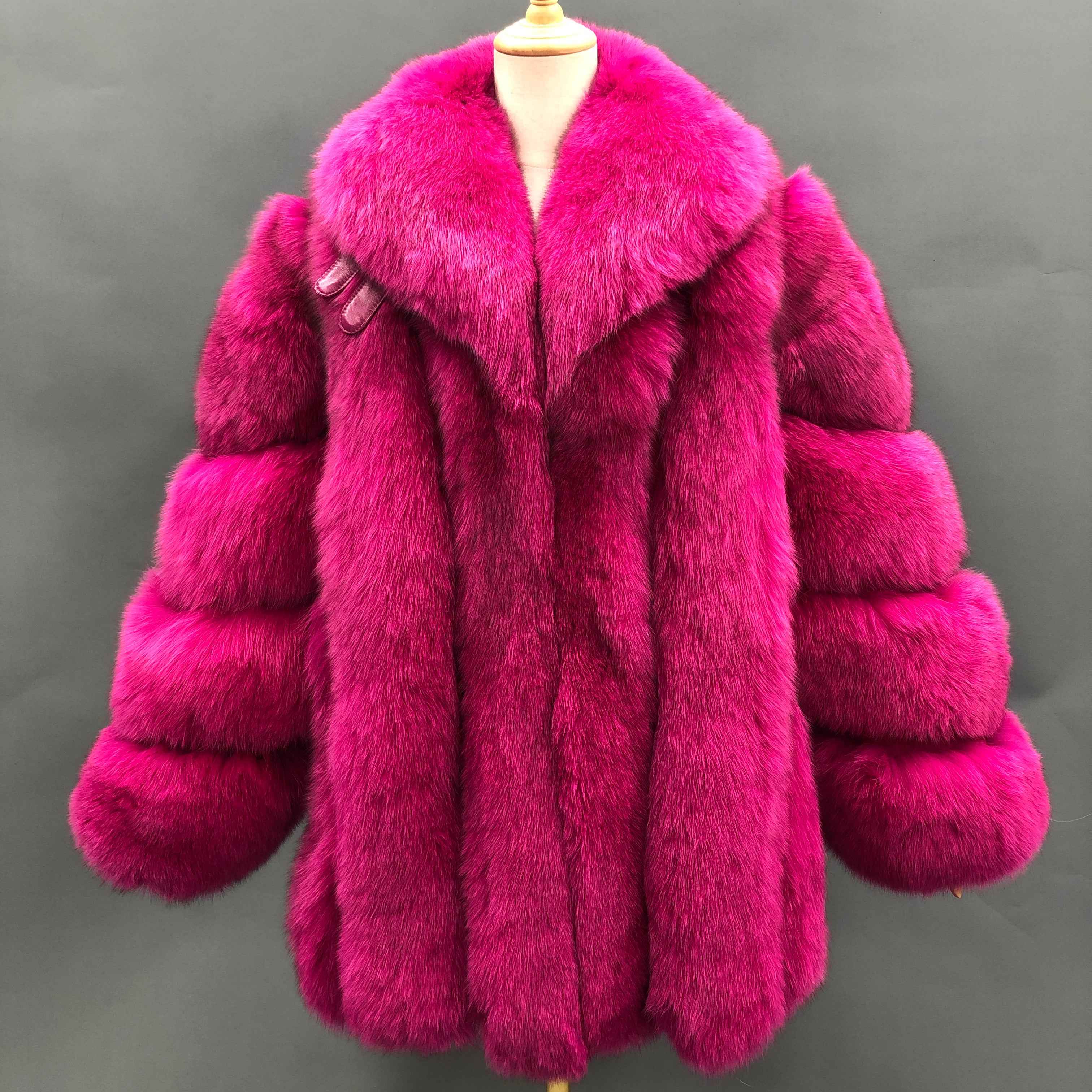 2026 Factory Wholesale Ladies' Luxury Vertical Stripe Shawl Collar Fox Fur Coat #4 Plum