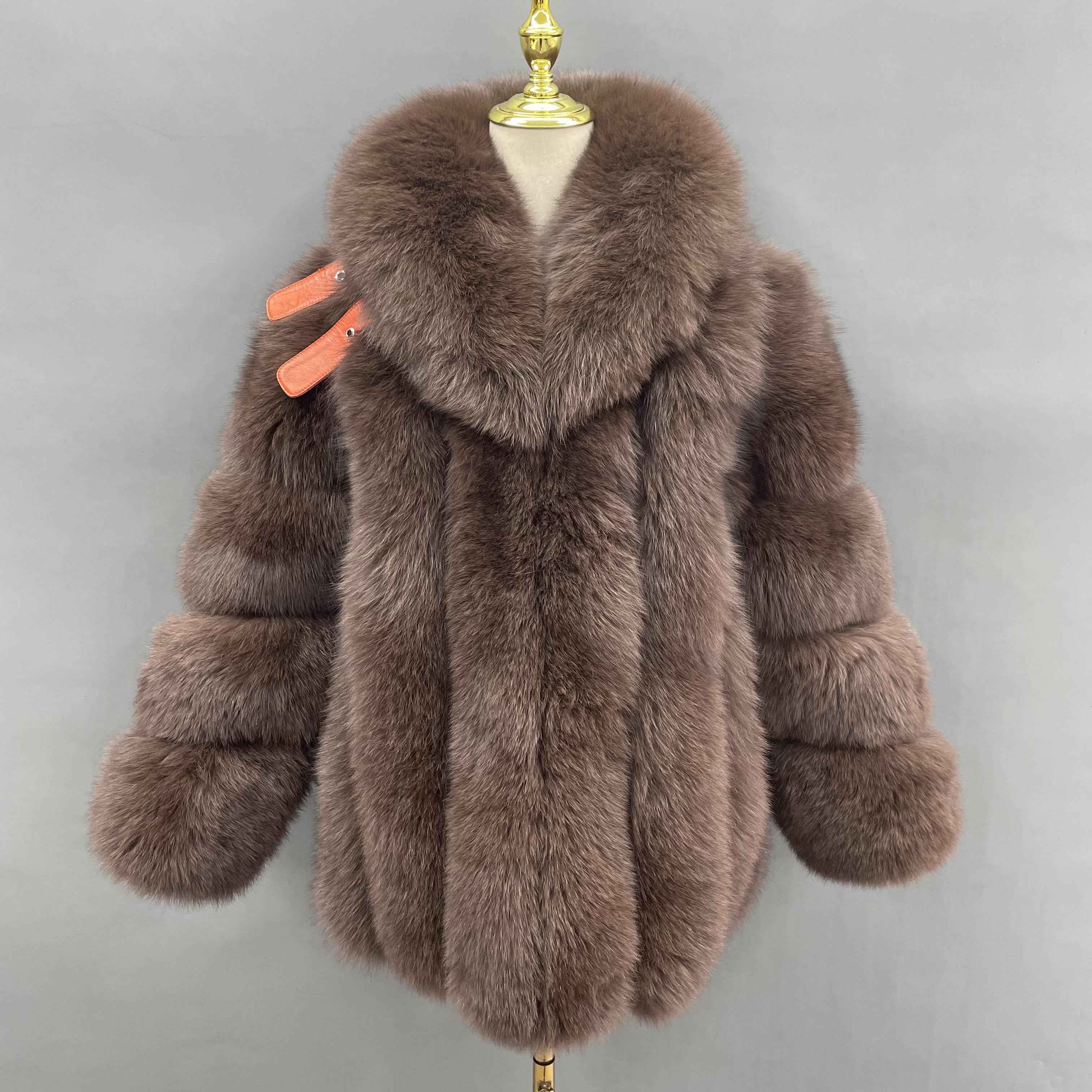 2026 Factory Wholesale Ladies' Luxury Vertical Stripe Shawl Collar Fox Fur Coat #7 Brown