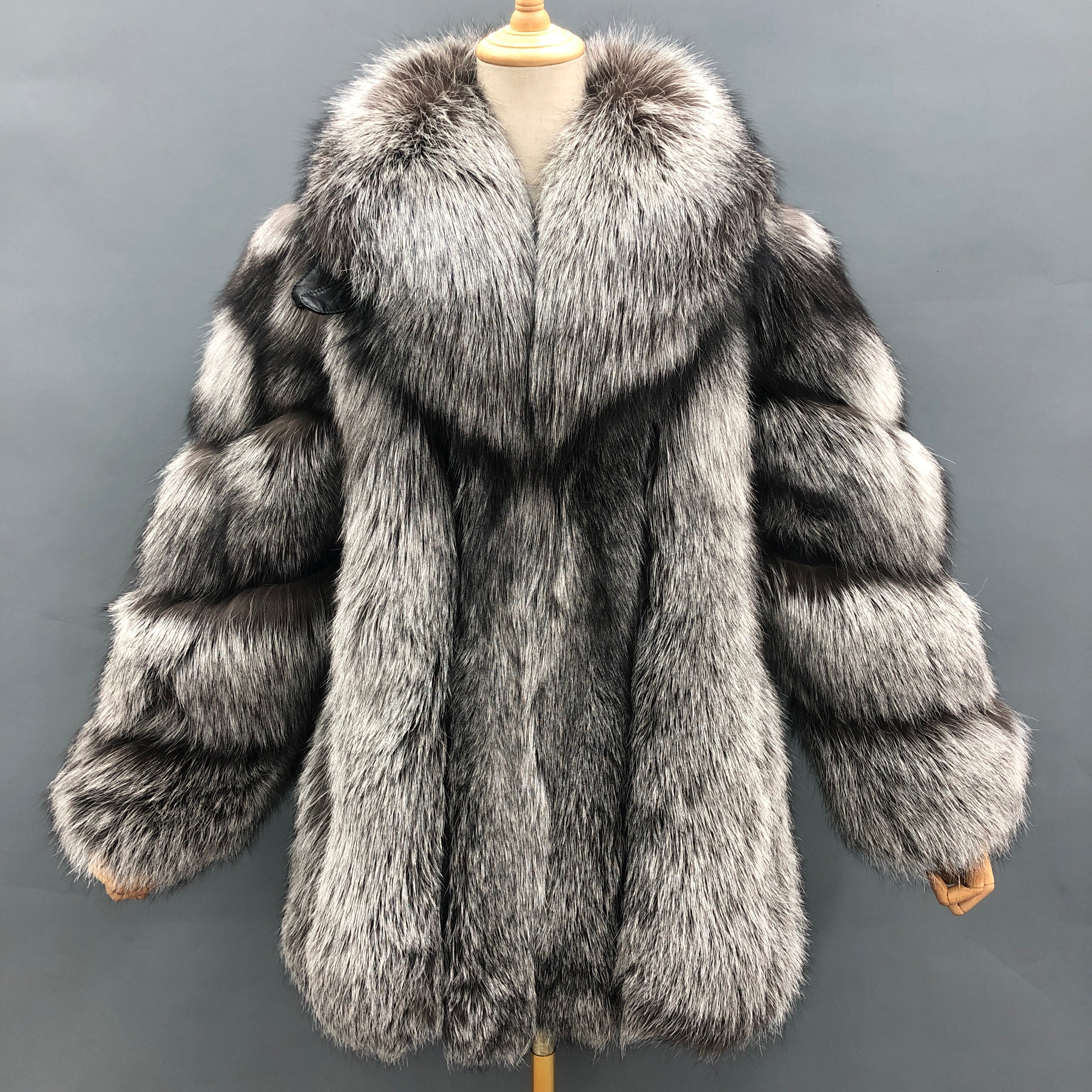 2026 Factory Wholesale Ladies' Luxury Vertical Stripe Shawl Collar Fox Fur Coat #11 Silver Fox