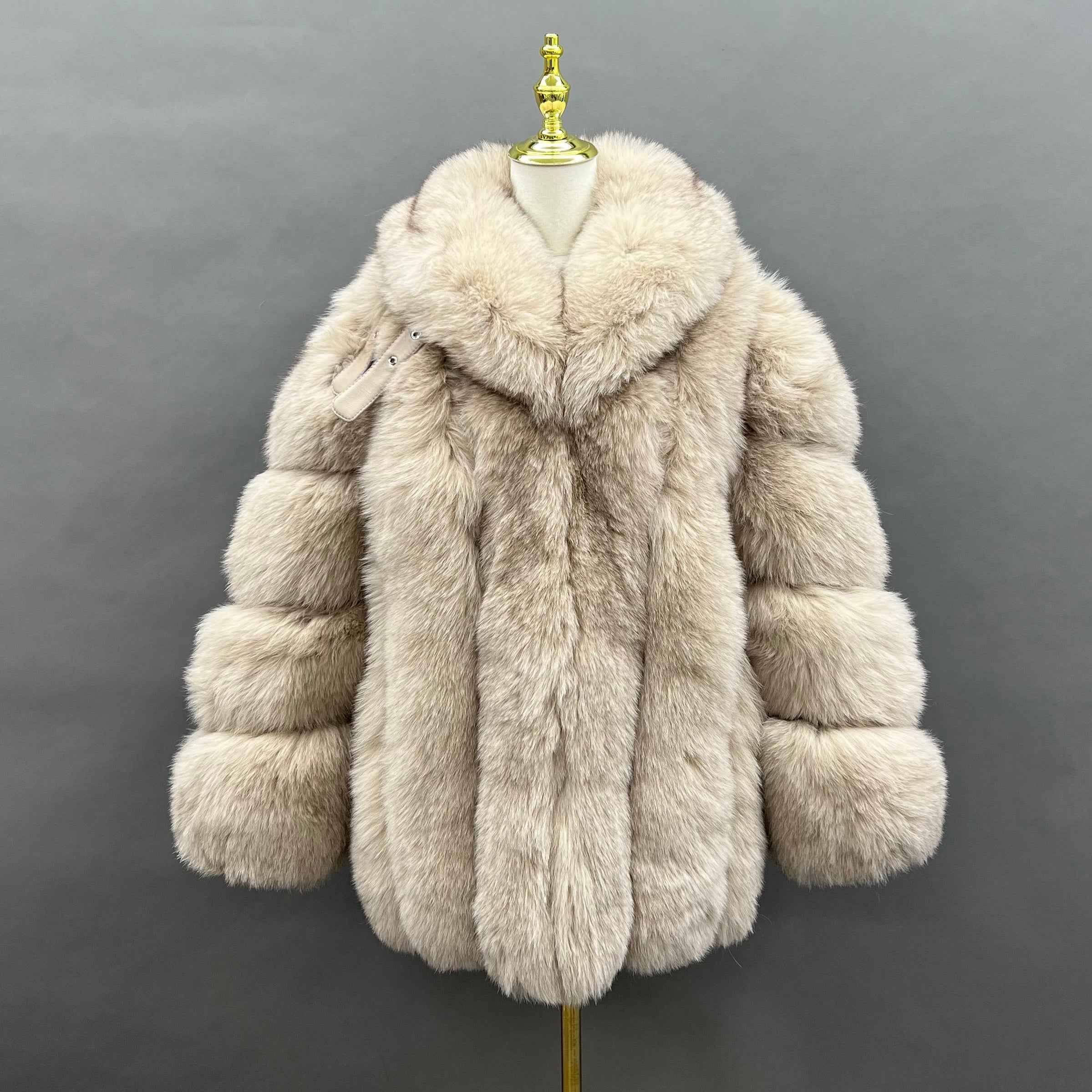 2026 Factory Wholesale Ladies' Luxury Vertical Stripe Shawl Collar Fox Fur Coat #14 Beige
