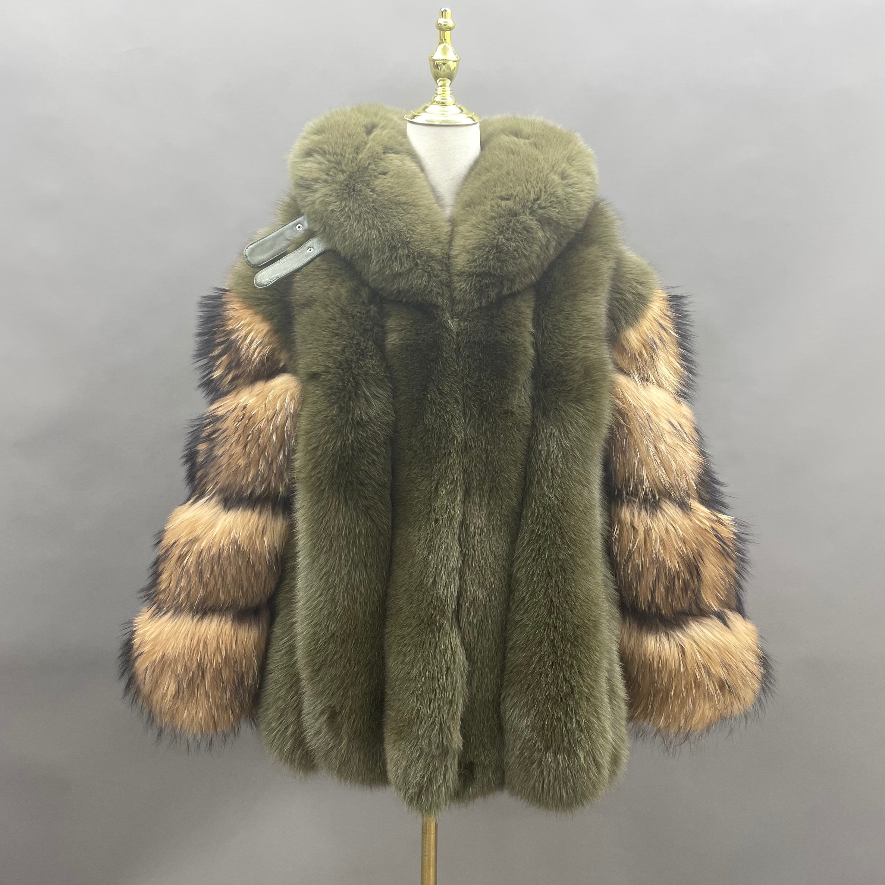 2026 Factory Wholesale Ladies' Luxury Vertical Stripe Shawl Collar Fox Fur Coat #15 Dark Green With Raccoon Fur Sleeves