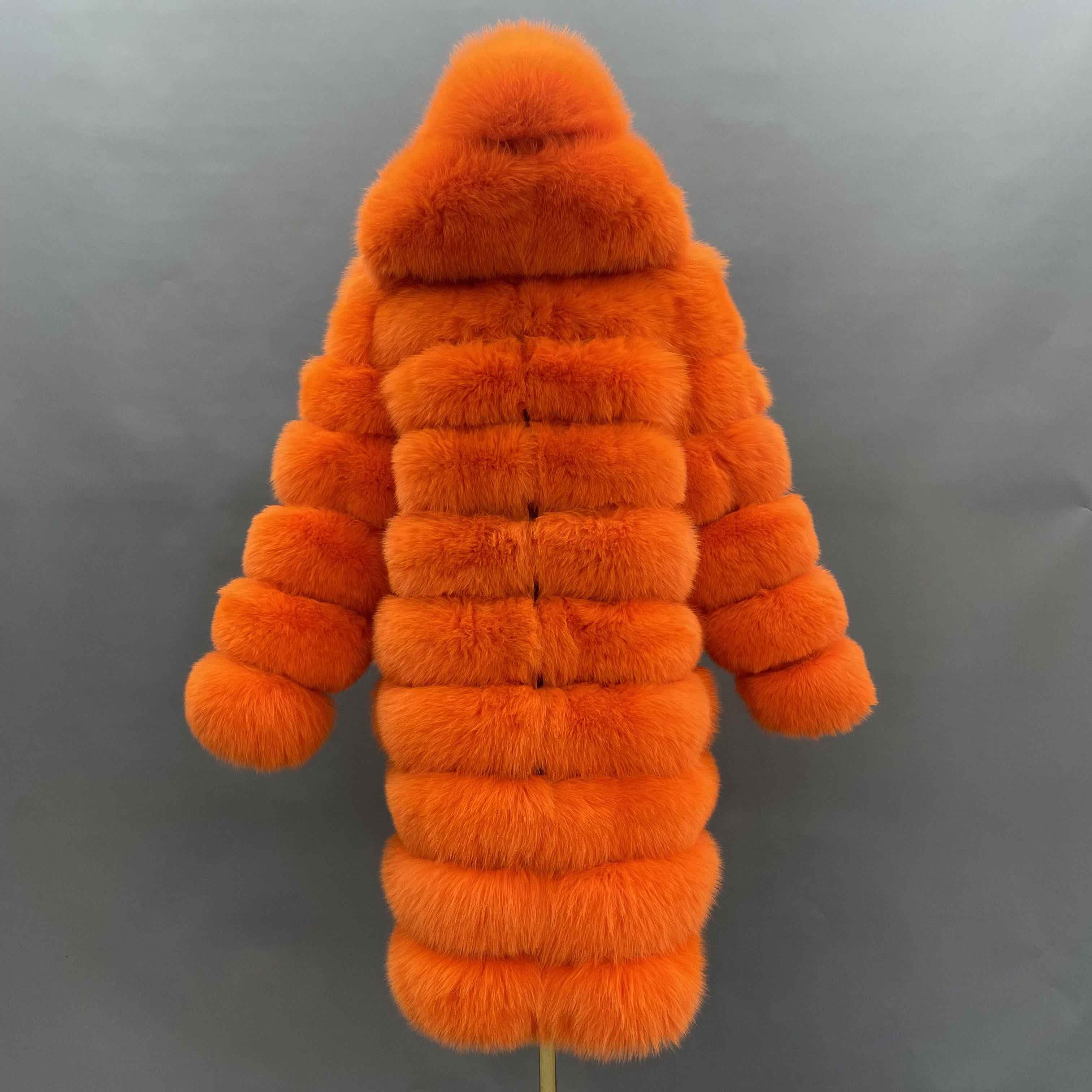 Hot Selling Women's 100cm Long Ten Section Hooded Genuine Fox Fur Coat Wholesale