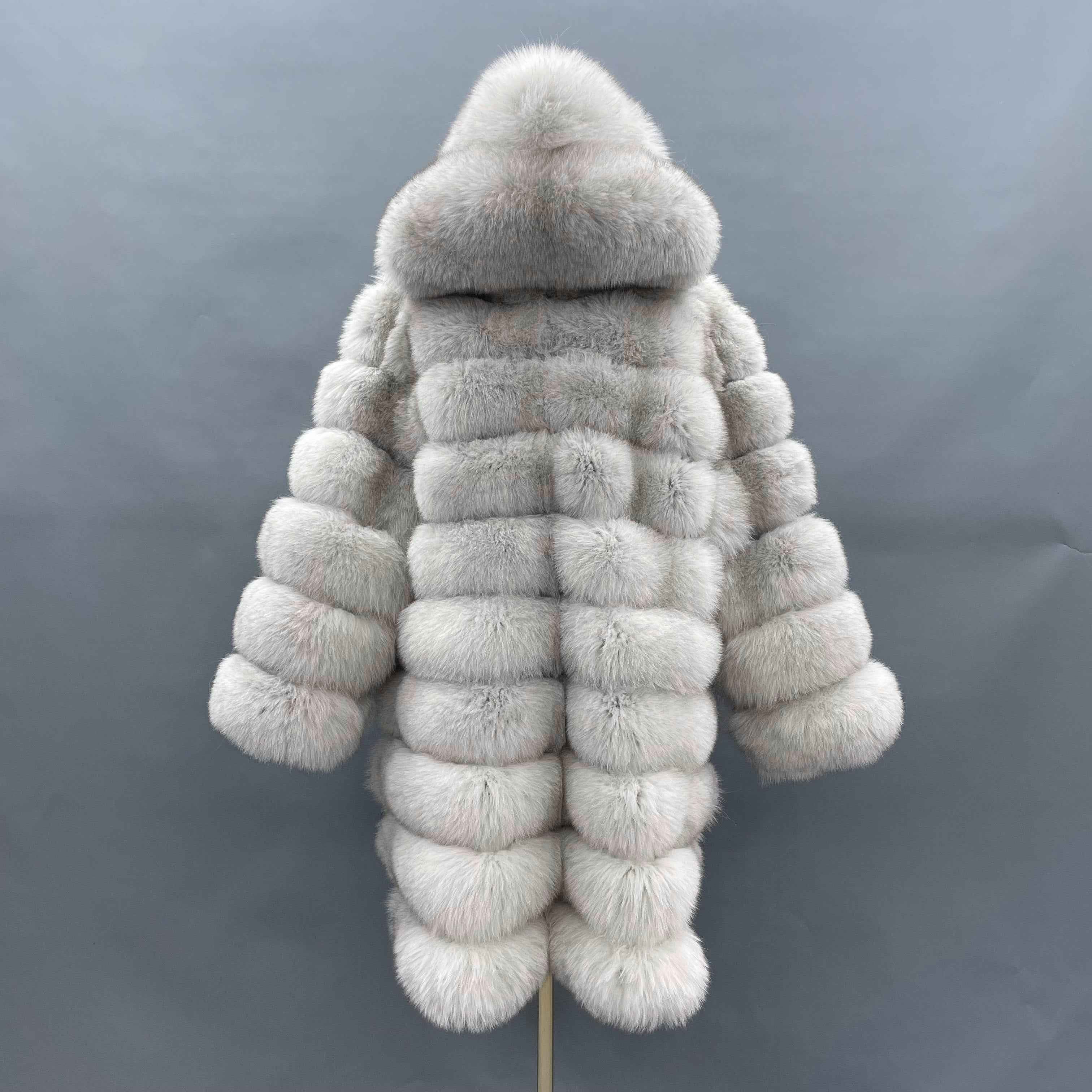 Hot Selling Women's 100cm Long Ten Section Hooded Genuine Fox Fur Coat Wholesale
