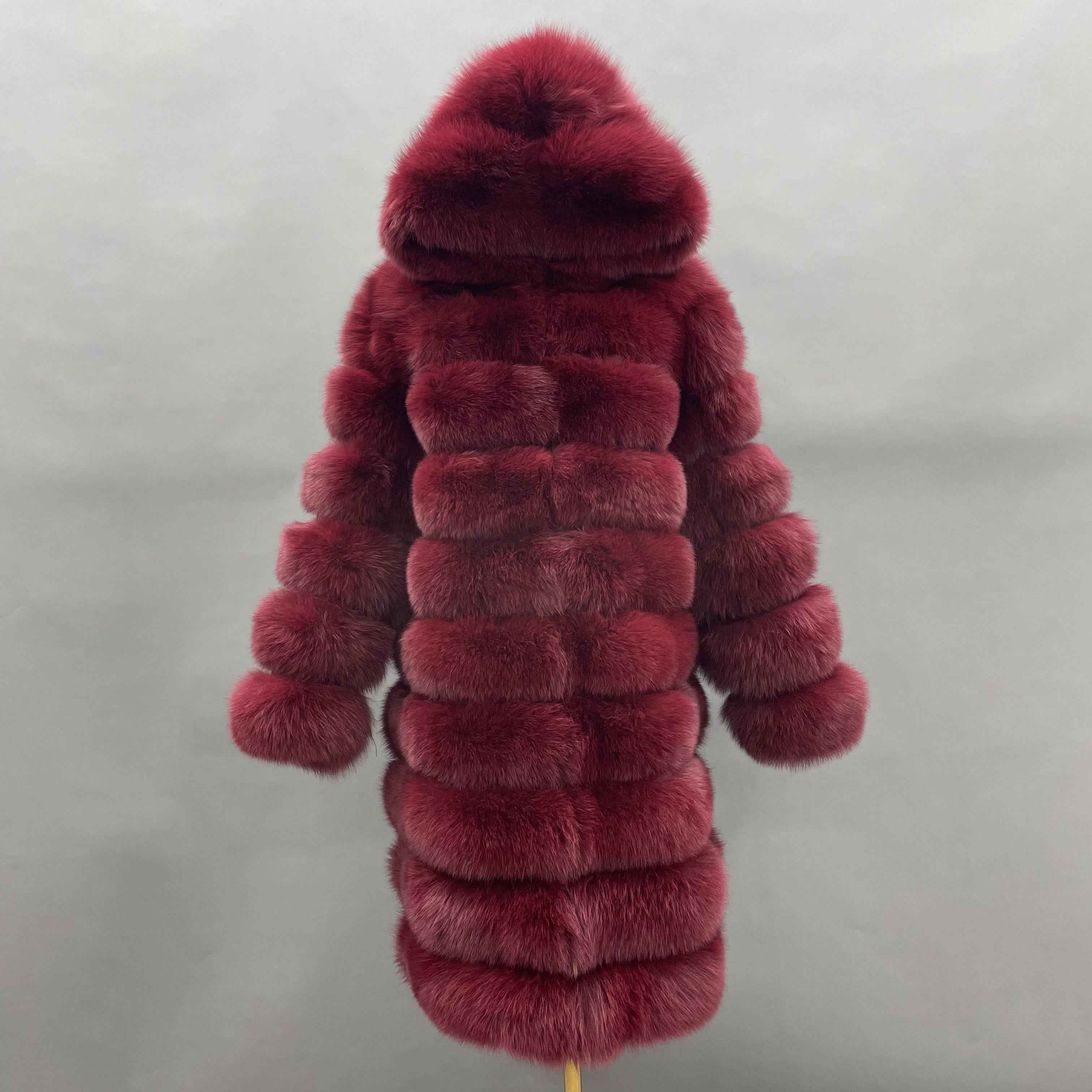 Hot Selling Women's 100cm Long Ten Section Hooded Genuine Fox Fur Coat Wholesale