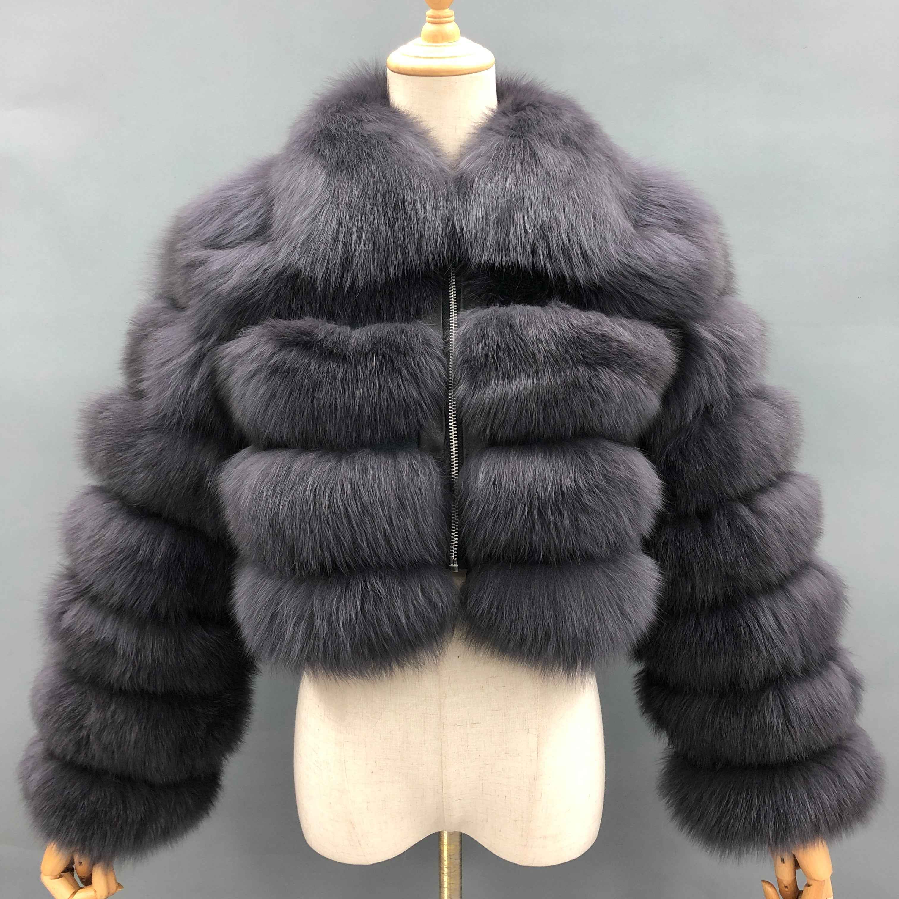 Janefur Wholesale Women's Zipper Style Five Section Real Fox Fur Jacket