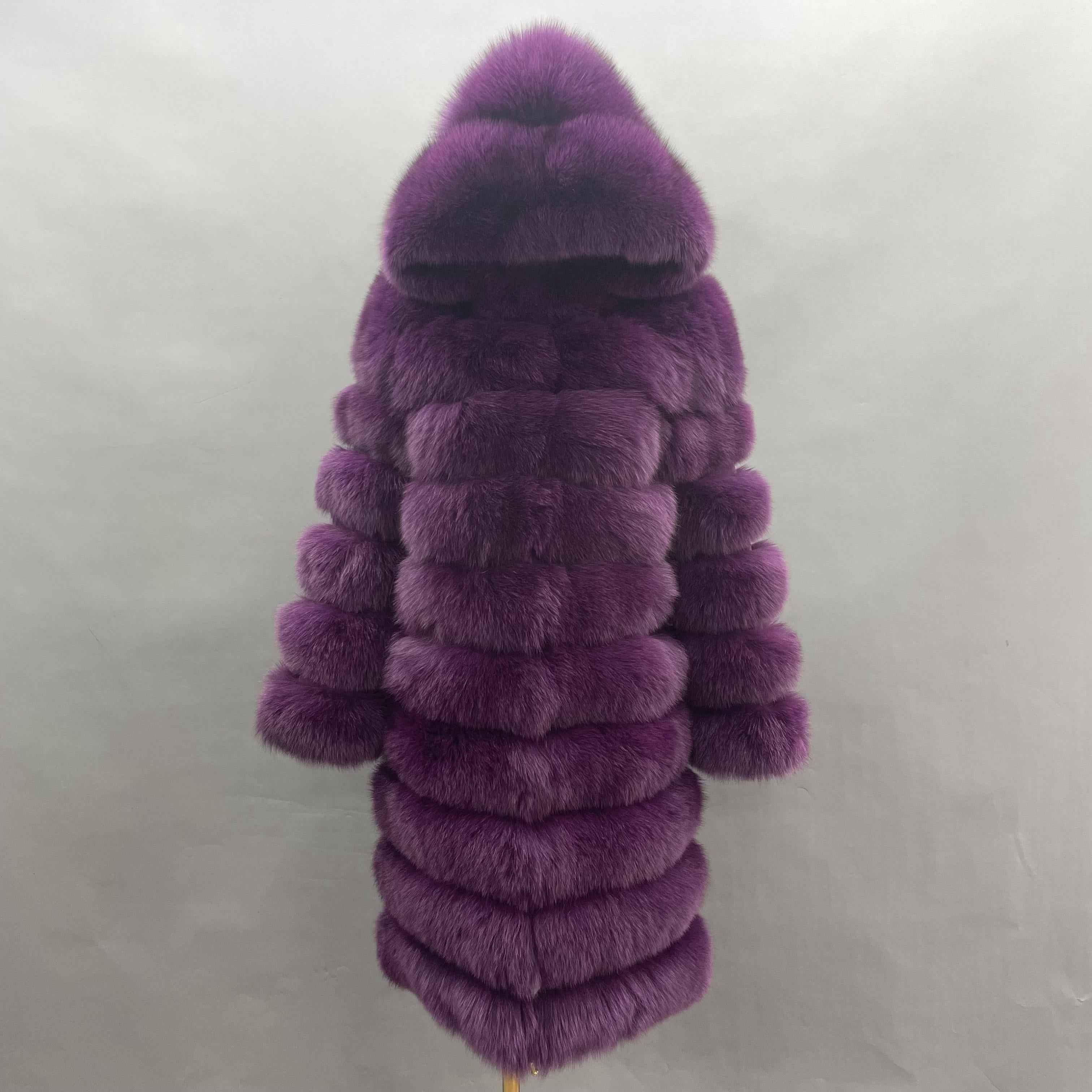 Hot Selling Women's 100cm Long Ten Section Hooded Genuine Fox Fur Coat Wholesale