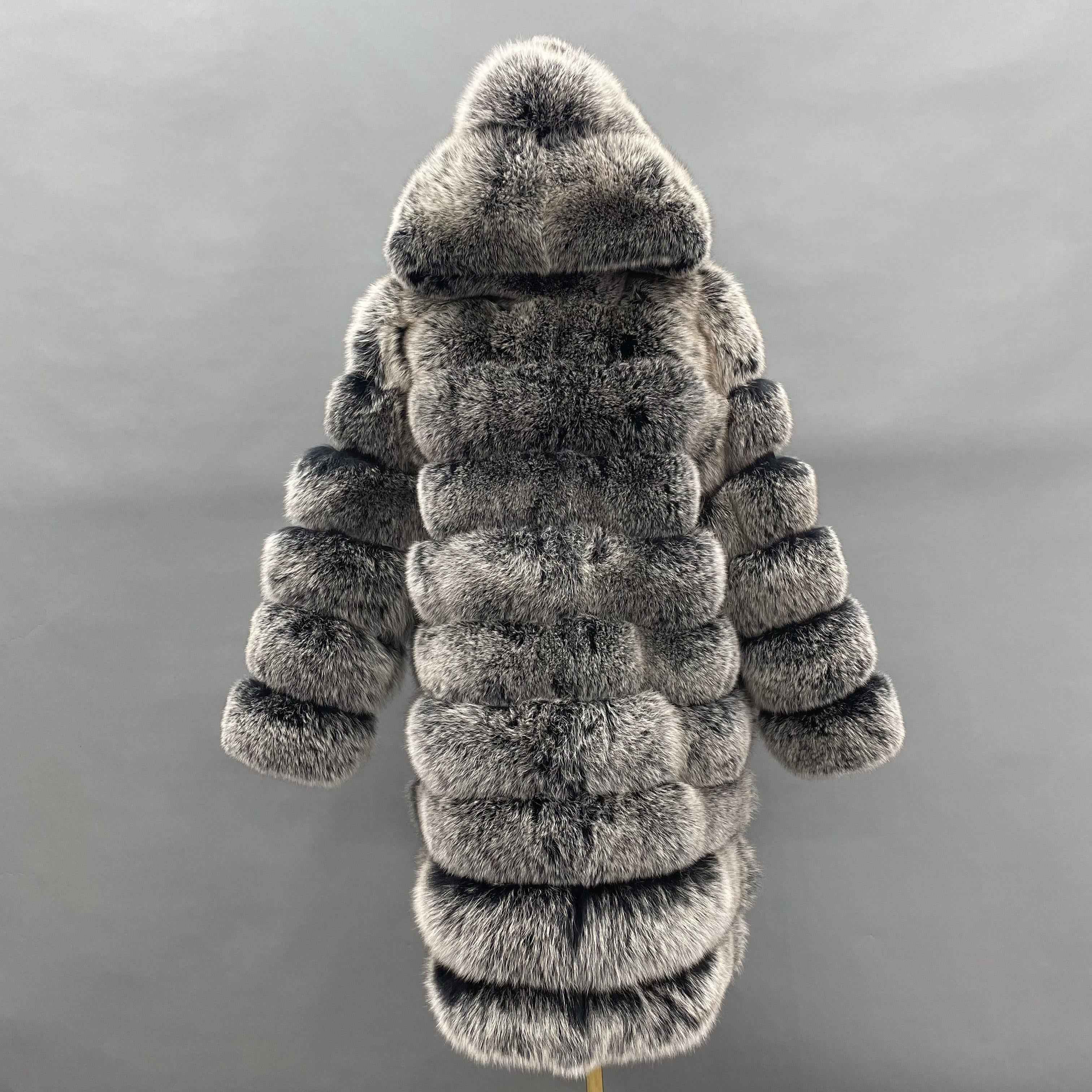 Hot Selling Women's 100cm Long Ten Section Hooded Genuine Fox Fur Coat Wholesale