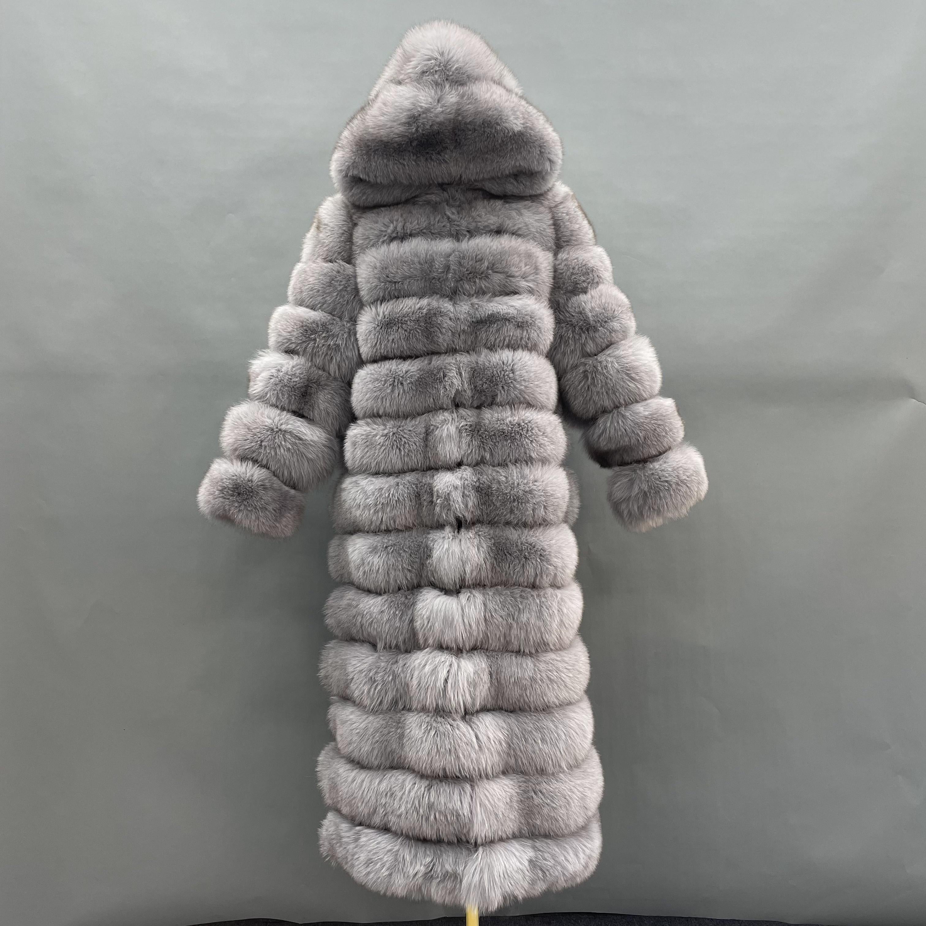 Janefur 130cm Women's Thirteen Section Hooded Fox Fur Coat Wholesale 2026 #3 Gray
