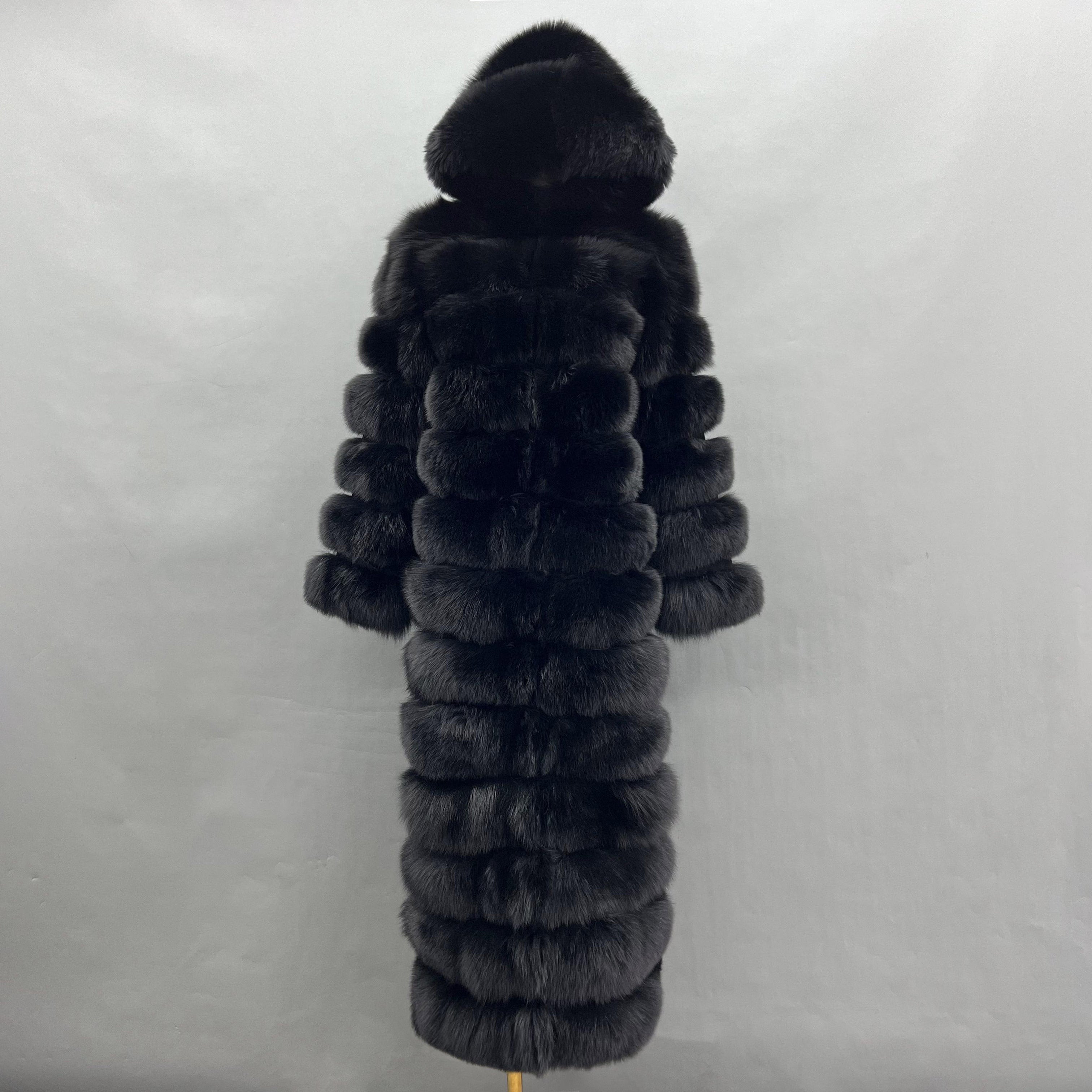 Janefur 130cm Women's Thirteen Section Hooded Fox Fur Coat Wholesale 2026 #4 Black