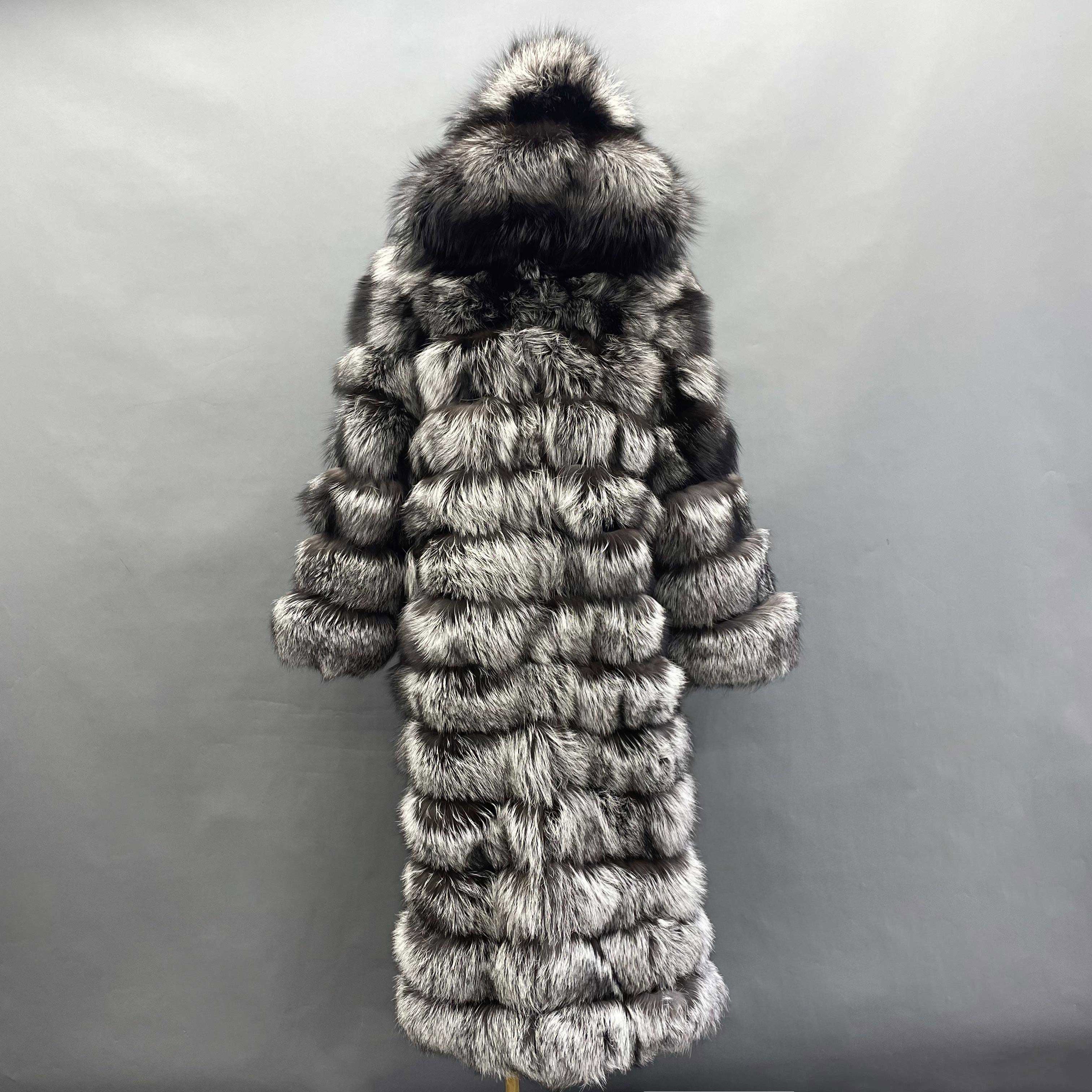 Janefur 130cm Women's Thirteen Section Hooded Fox Fur Coat Wholesale 2026 #15 Silver Fox