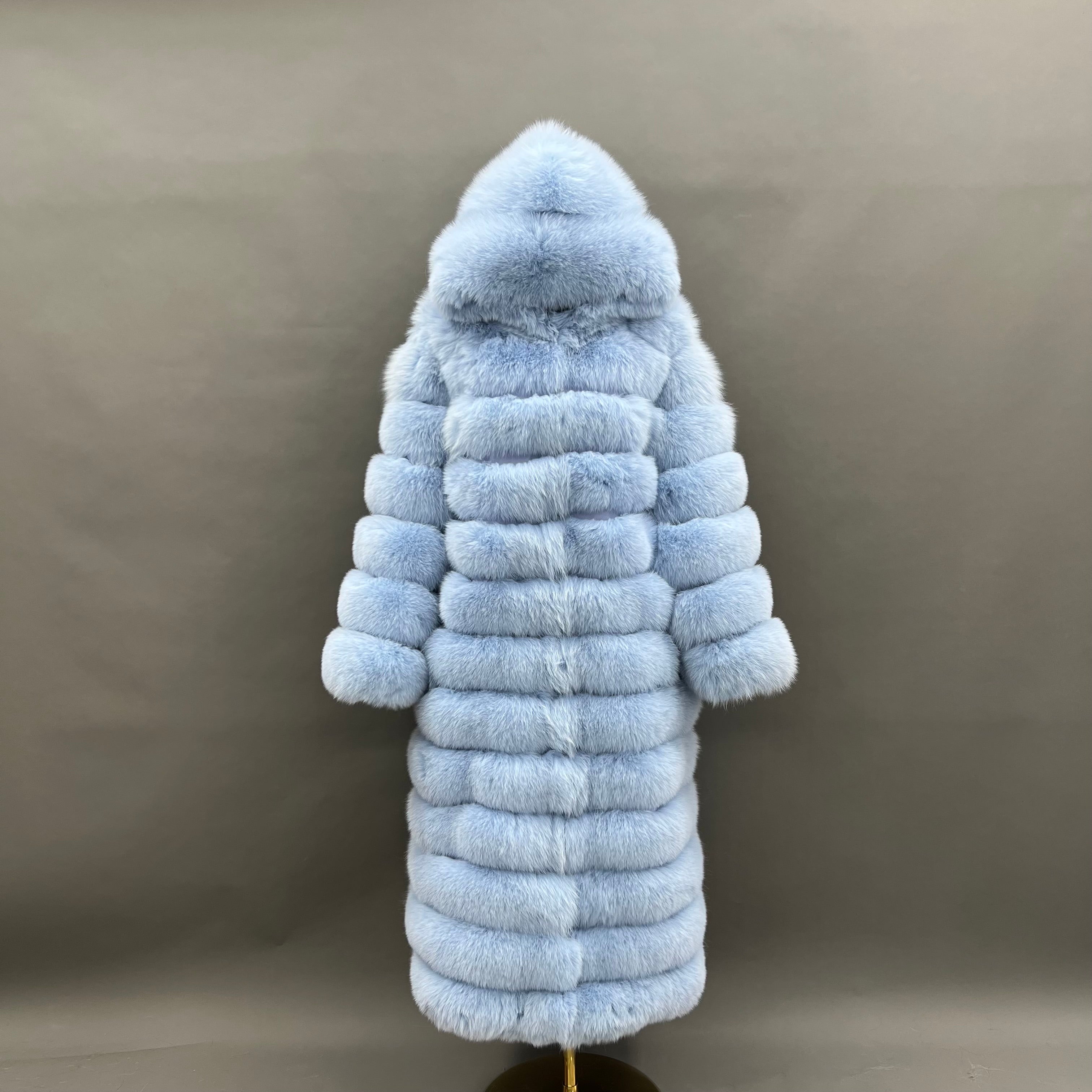 Janefur 130cm Women's Thirteen Section Hooded Fox Fur Coat Wholesale 2026 #19 Light Blue