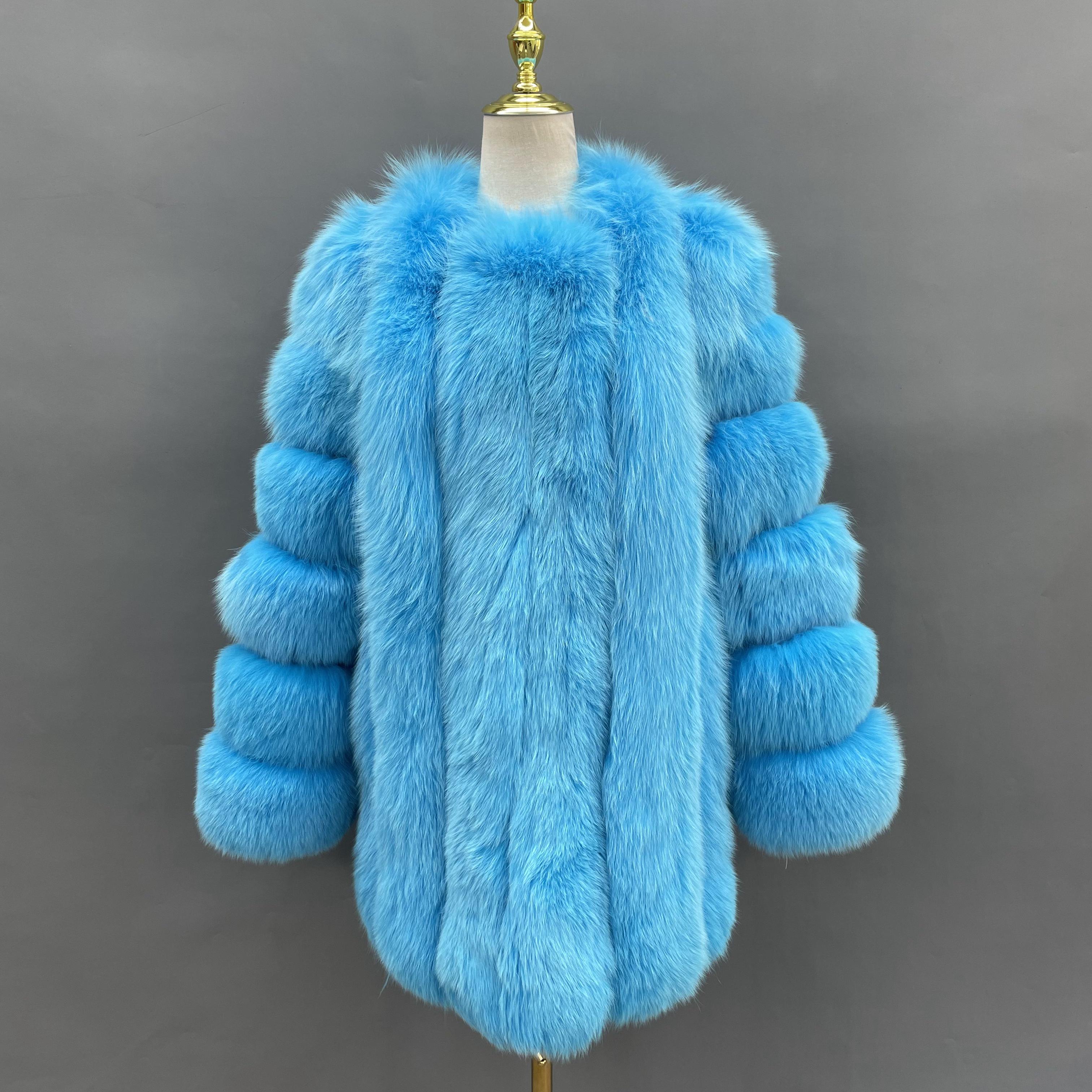Janefur Wholesale Of High-Quality Women's Vertical Length Fox Fur Jackets In Multiple Colors #3 Sky Blue