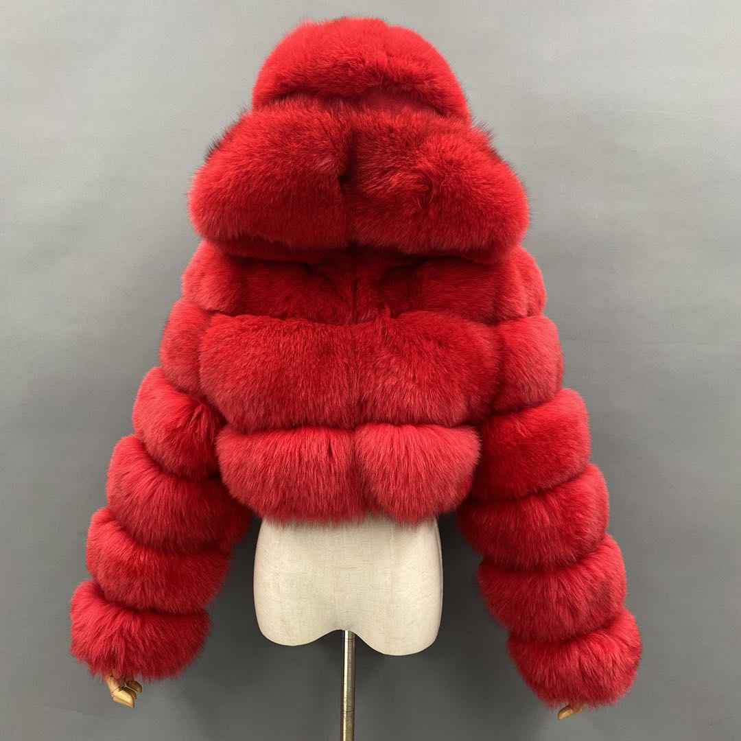 Janefur Classic Lovely Women's Three Section Hooded Casual Real Fox Fur Jacket 2026 Factory Wholesale #2 Red