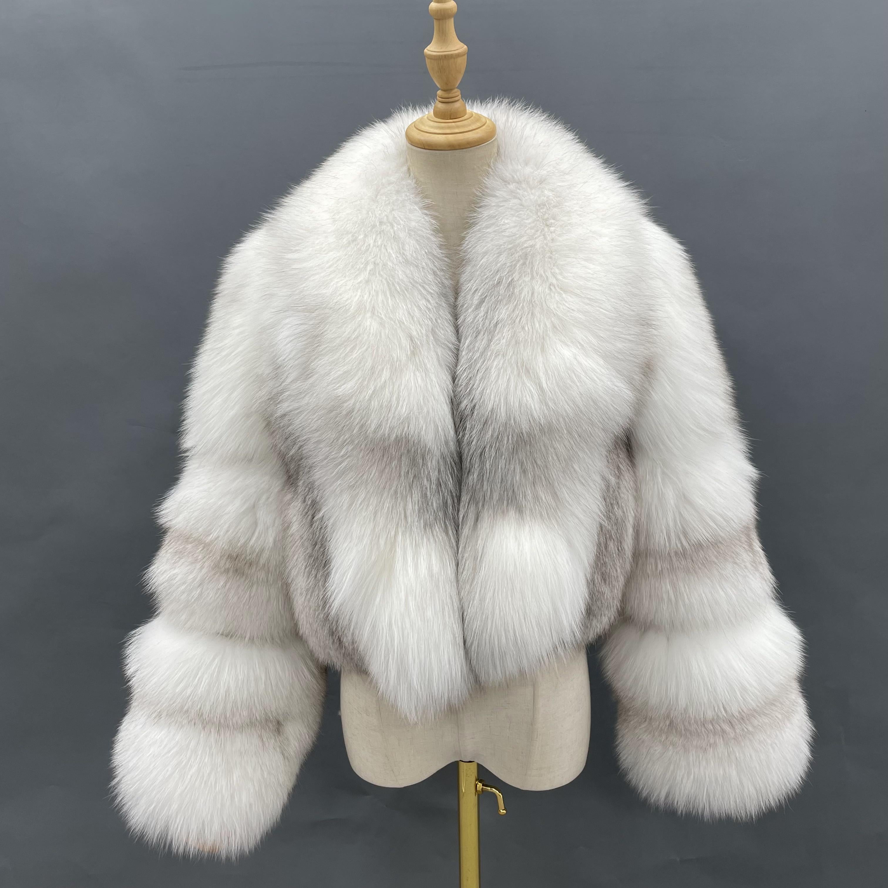 2026 Popular Styles Ladies' Shawl Collar Three Section Sleeves Short Fox Fur Jacket Wholesale #1 White